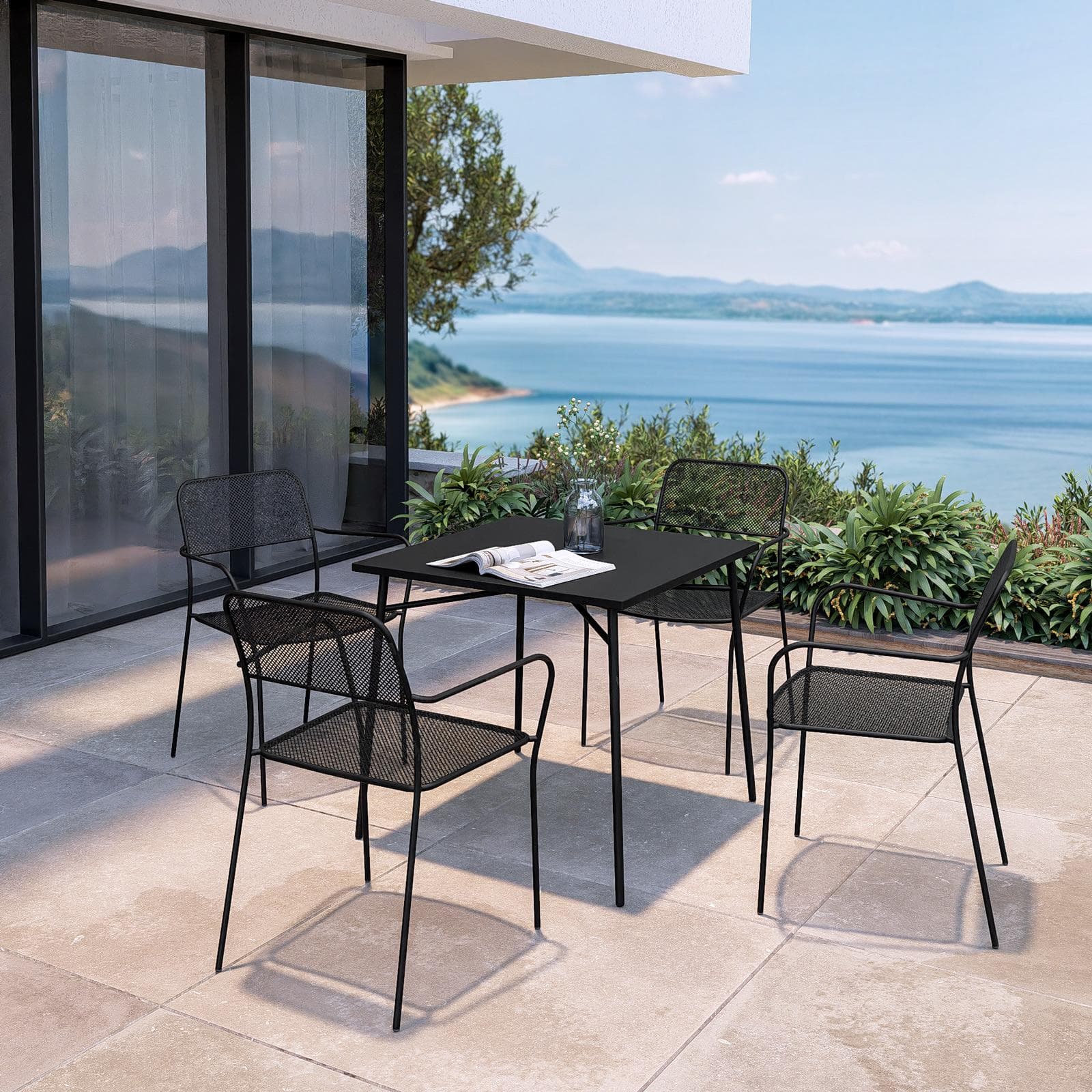 Set pranzo tavolo 80x80 cm e 4 sedie con braccioli in acciaio nero - Faber
