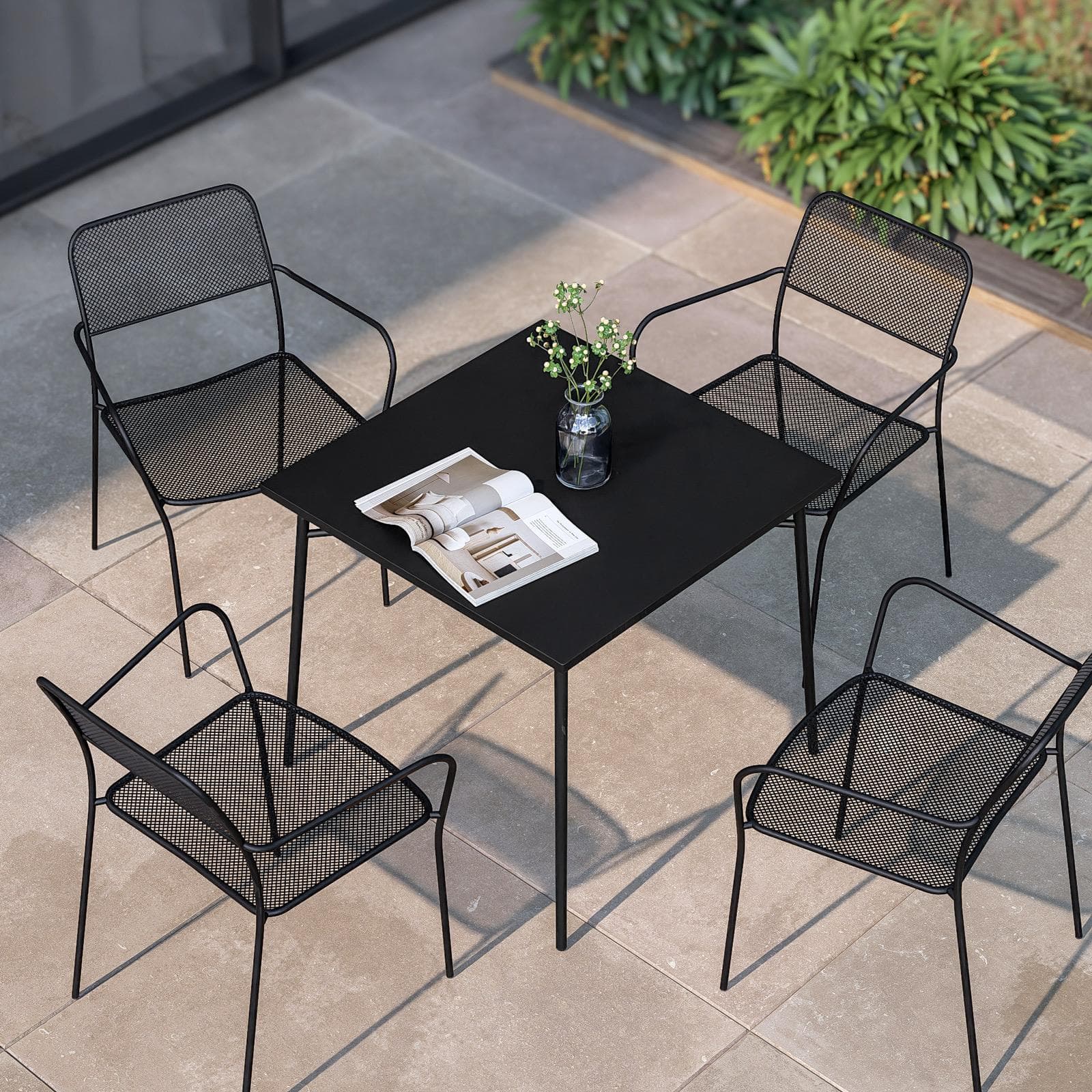 Set pranzo tavolo 80x80 cm e 4 sedie con braccioli in acciaio nero - Faber
