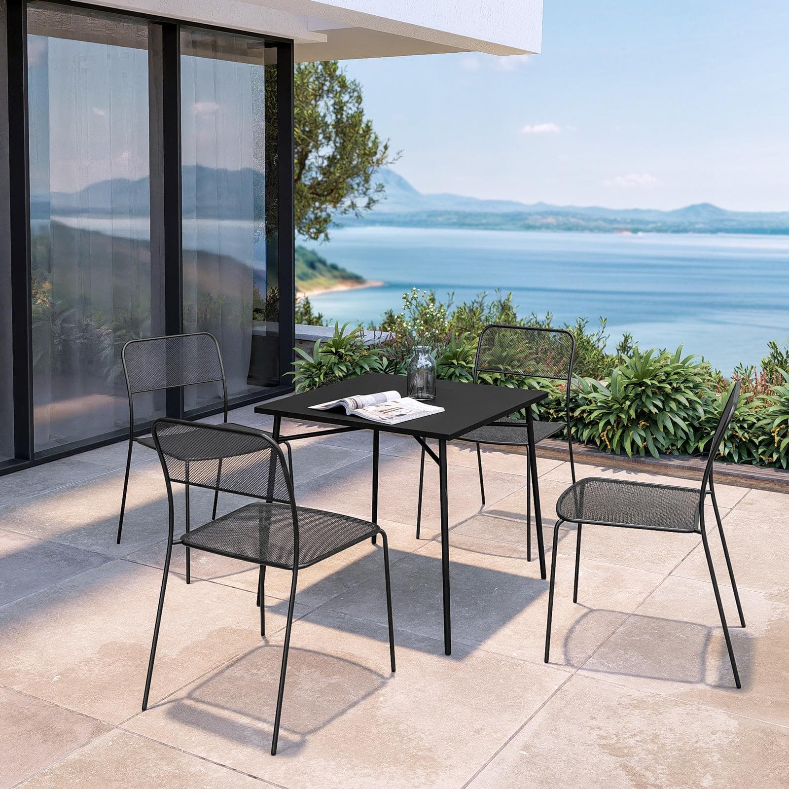 Set pranzo tavolo 80x80 cm e 4 sedie in acciaio nero - Faber