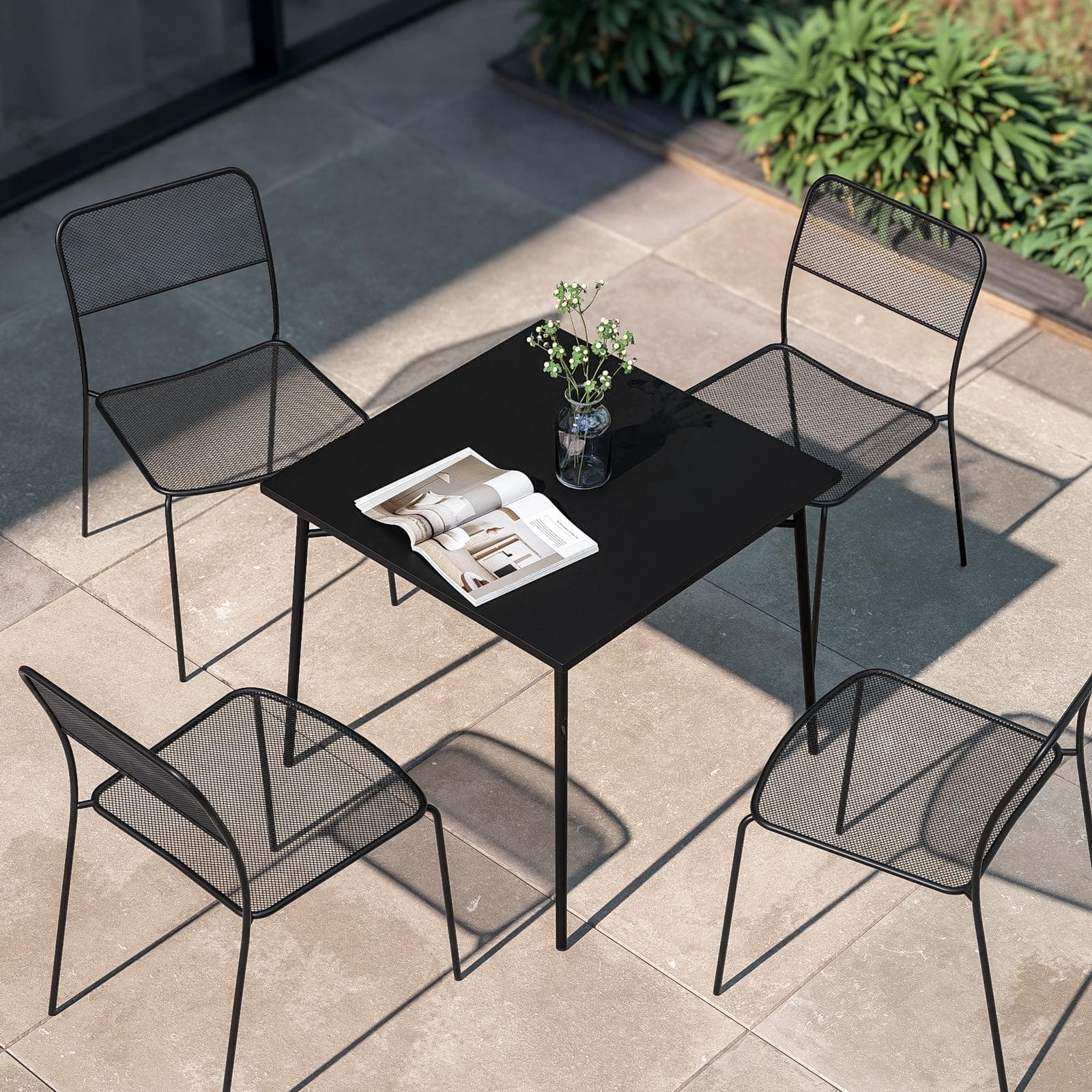 Set pranzo tavolo 80x80 cm e 4 sedie in acciaio nero - Faber
