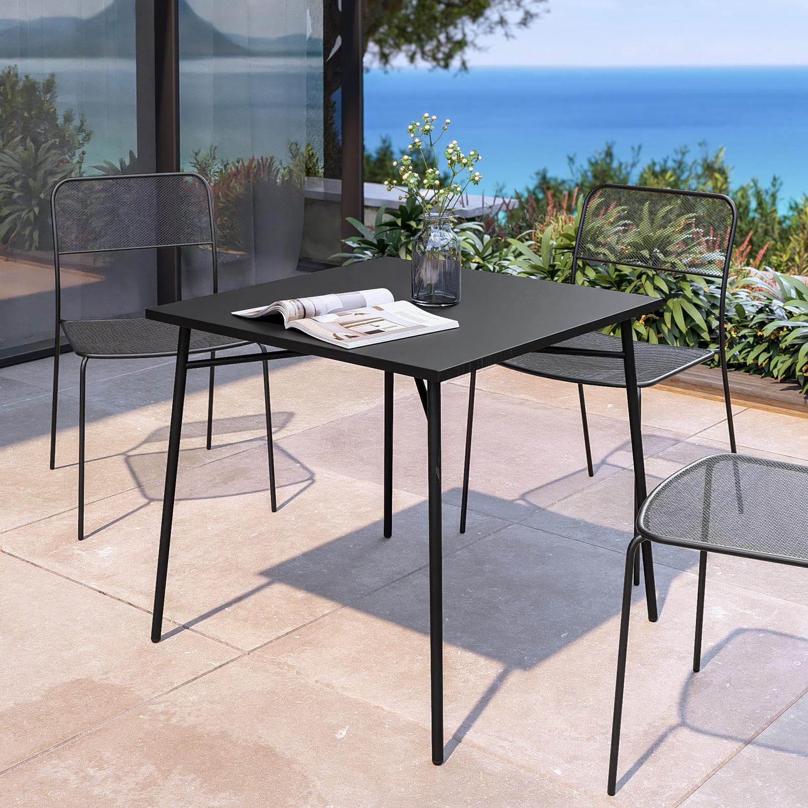 Set pranzo tavolo 80x80 cm e 4 sedie in acciaio nero - Faber