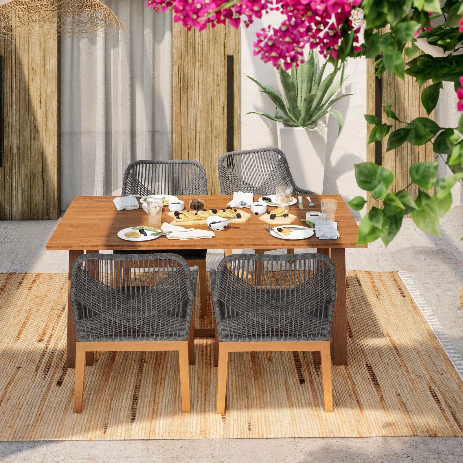 Set pranzo tavolo 180x100 cm con 4 poltrone in legno di acacia e corda - Malika