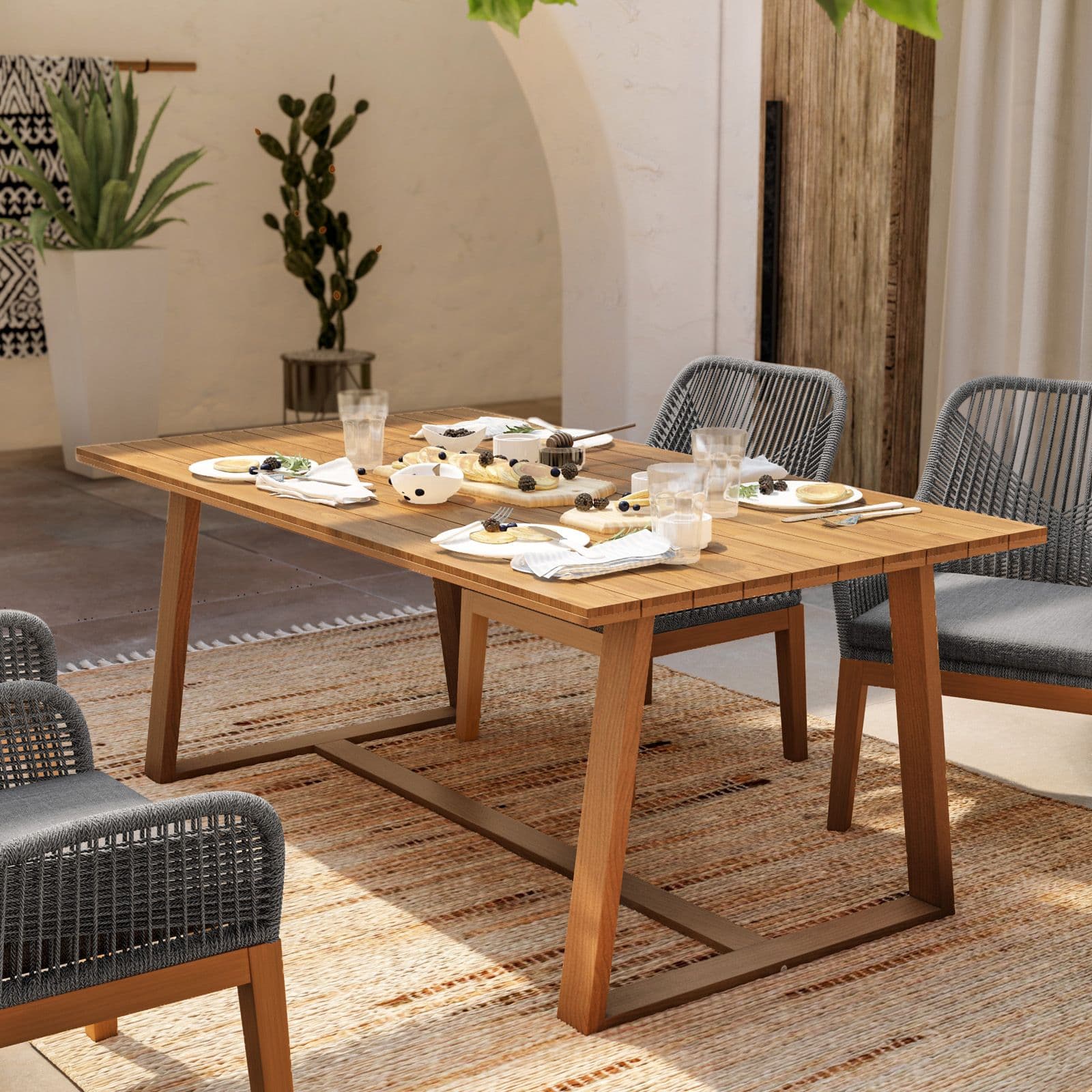 Set pranzo tavolo 180x100 cm con 4 poltrone in legno di acacia e corda - Malika
