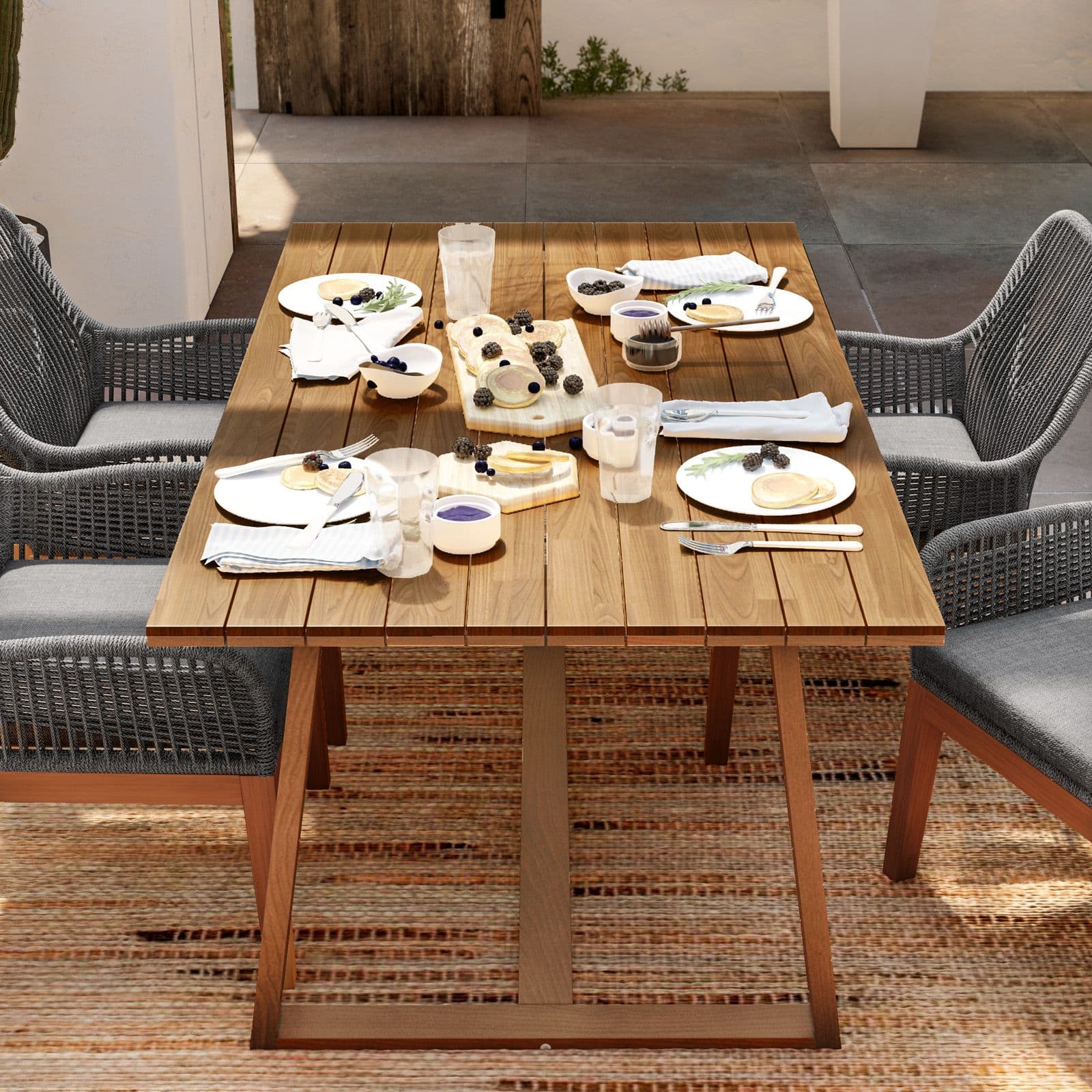 Set pranzo tavolo 180x100 cm con 4 poltrone in legno di acacia e corda - Malika