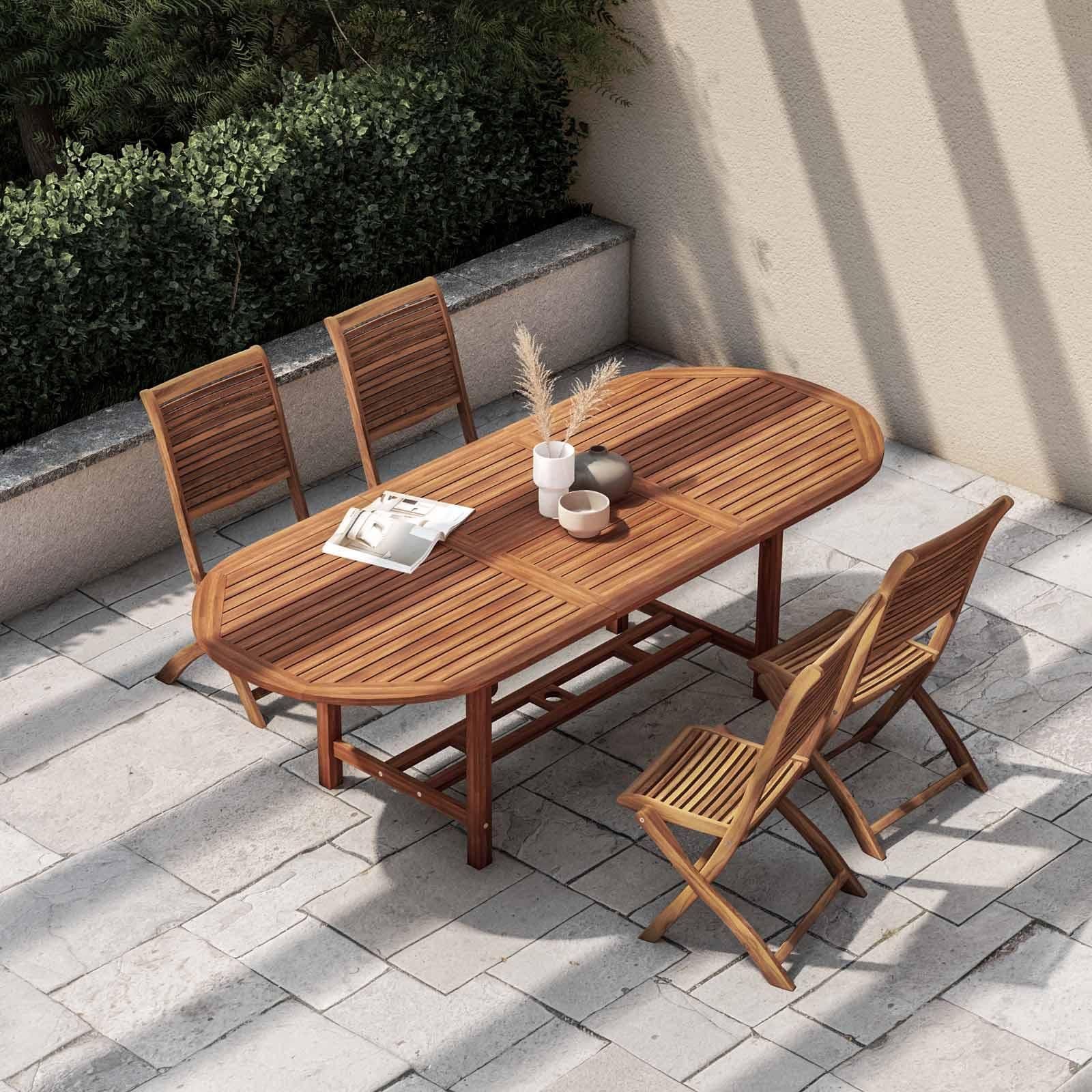 Set pranzo tavolo allungabile 180/240x100 cm e 4 sedie pieghevoli in legno di acacia - Paja