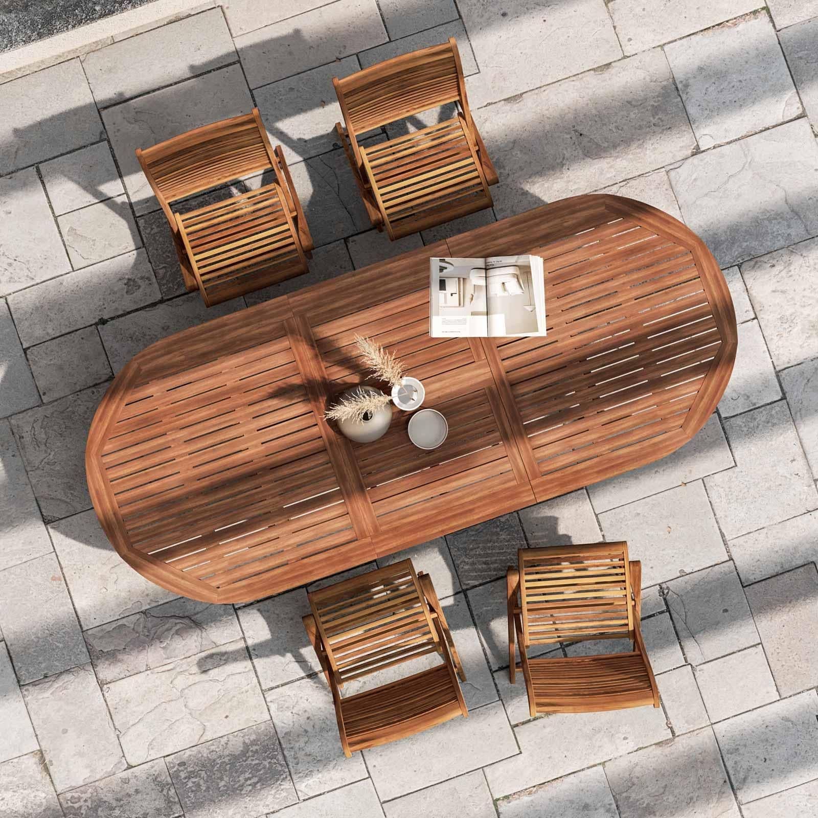 Set pranzo tavolo allungabile 180/240x100 cm e 4 sedie pieghevoli in legno di acacia - Paja