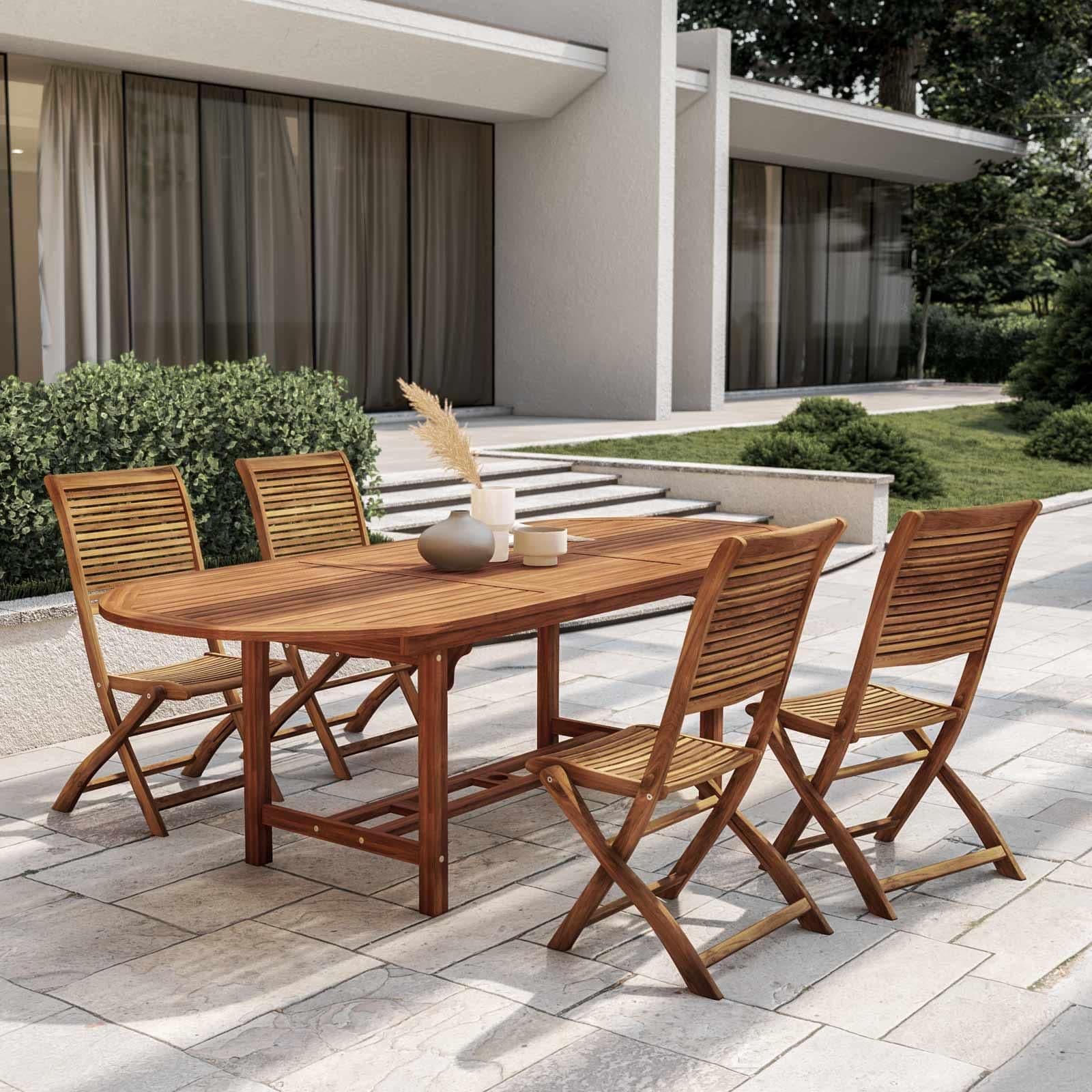 Set pranzo tavolo allungabile 180/240x100 cm e 4 sedie pieghevoli in legno di acacia - Paja