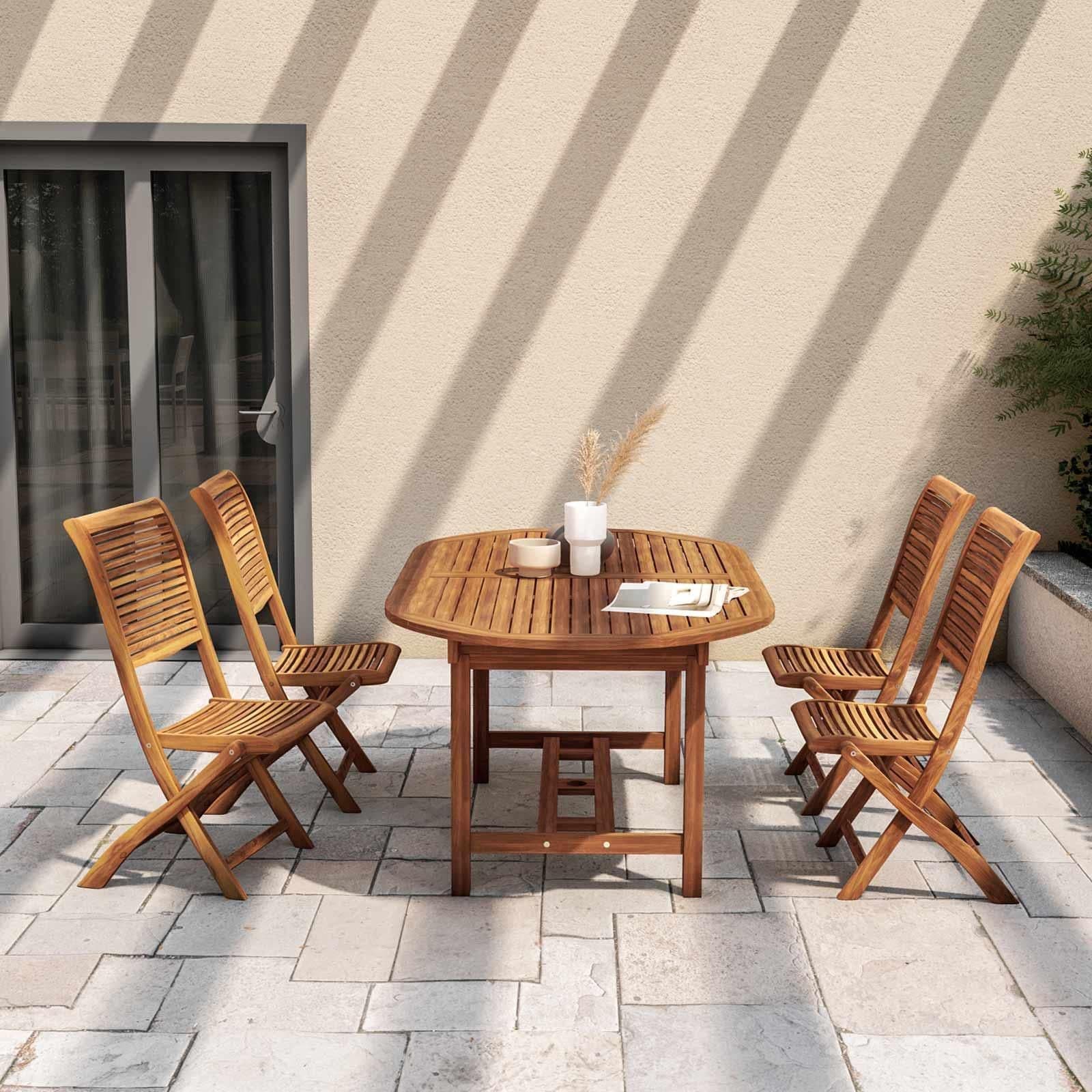 Set pranzo tavolo allungabile 180/240x100 cm e 4 sedie pieghevoli in legno di acacia - Paja