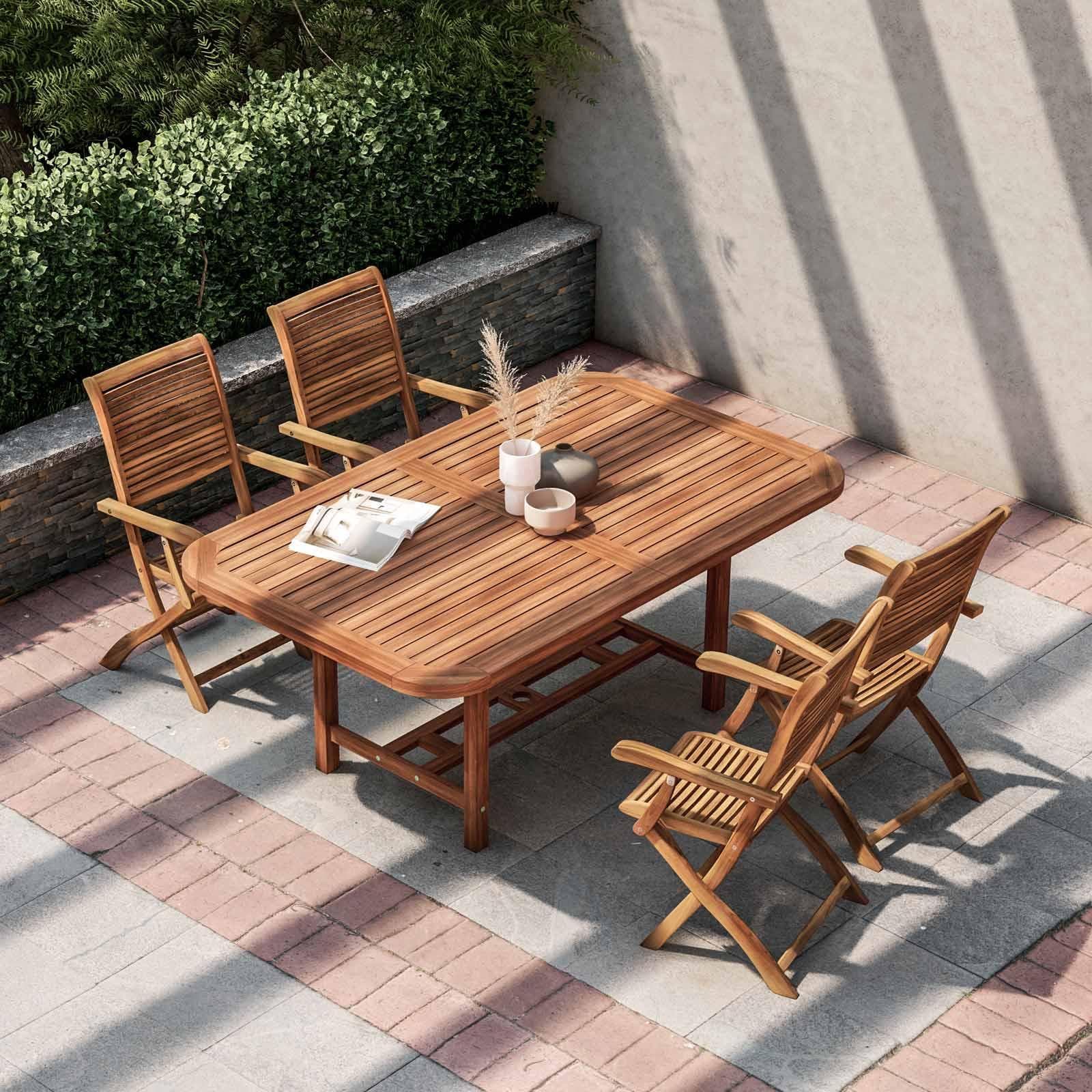 Set pranzo con tavolo allungabile 180/260x110 cm e 4 sedie con braccioli pieghevoli in legno di acacia - Paja