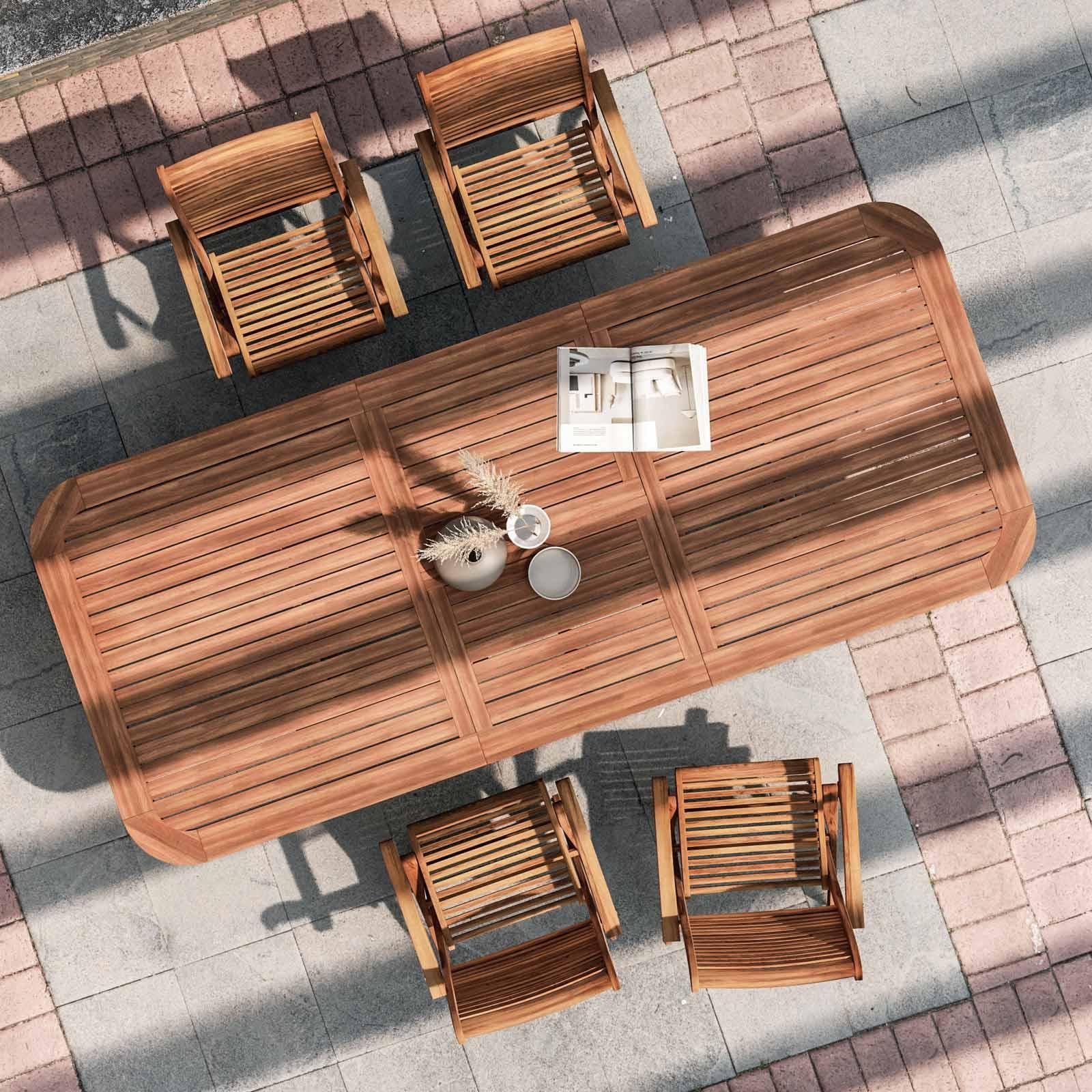 Set pranzo con tavolo allungabile 180/260x110 cm e 4 sedie con braccioli pieghevoli in legno di acacia - Paja