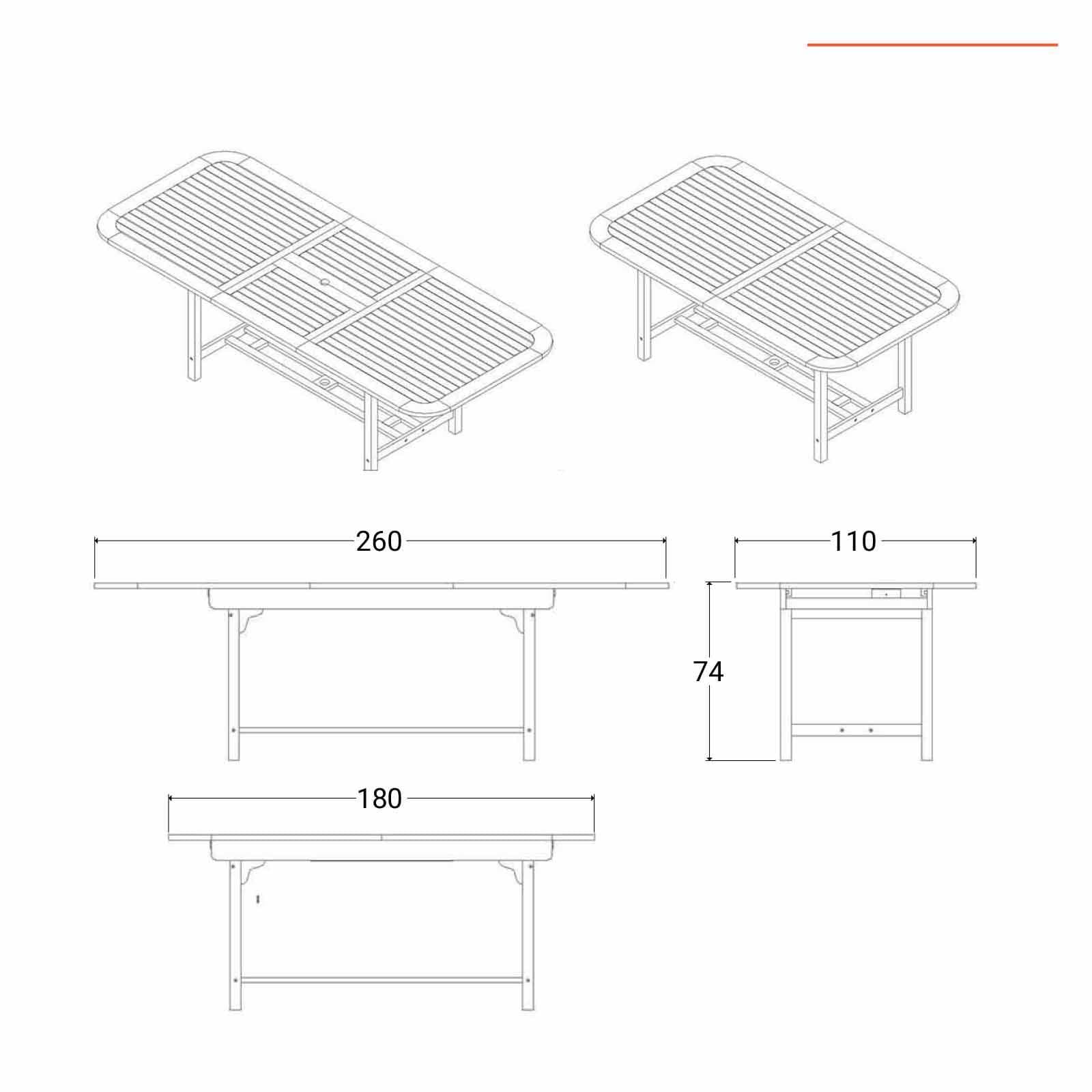 Set pranzo con tavolo allungabile 180/260x110 cm e 4 sedie con braccioli pieghevoli in legno di acacia - Paja
