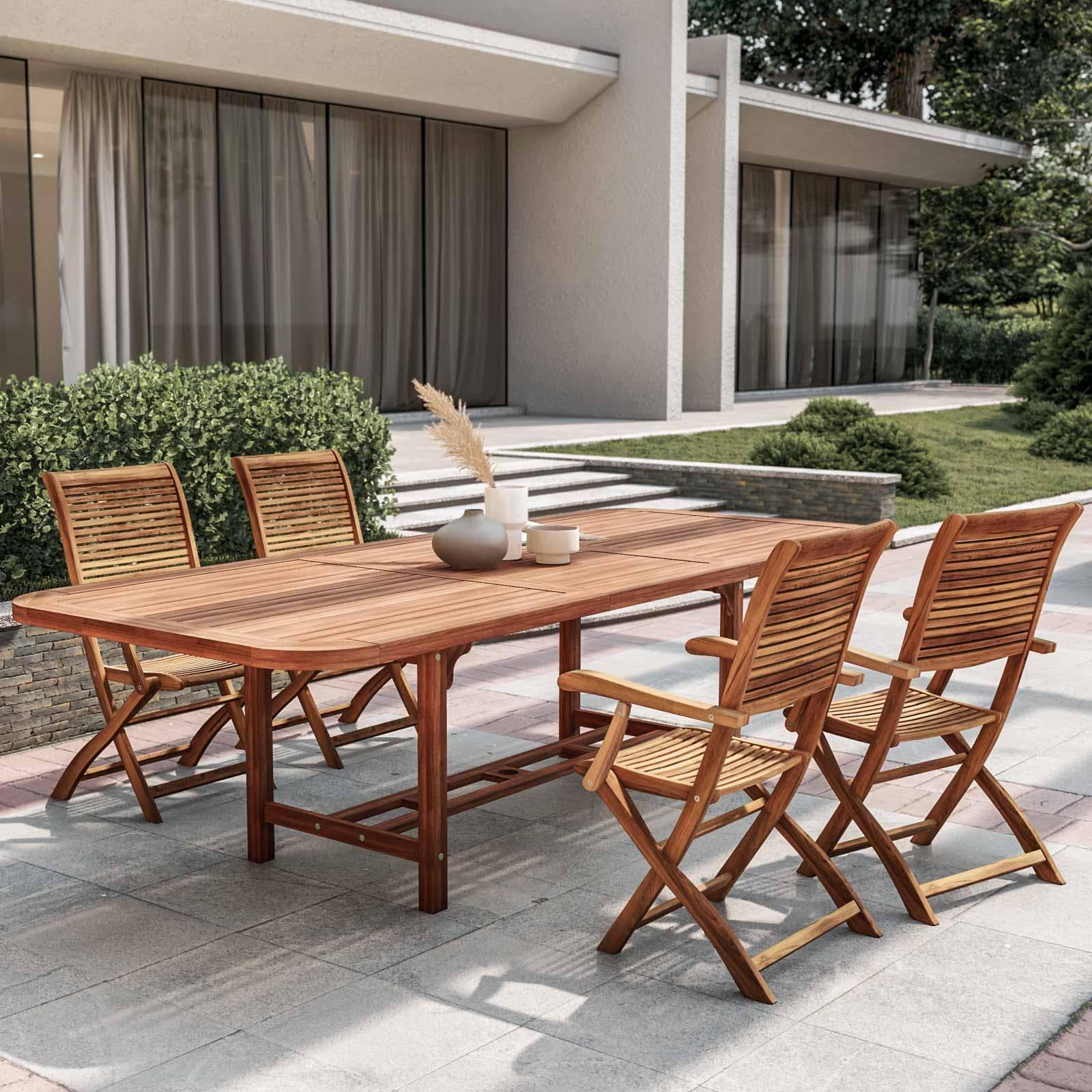 Set pranzo con tavolo allungabile 180/260x110 cm e 4 sedie con braccioli pieghevoli in legno di acacia - Paja