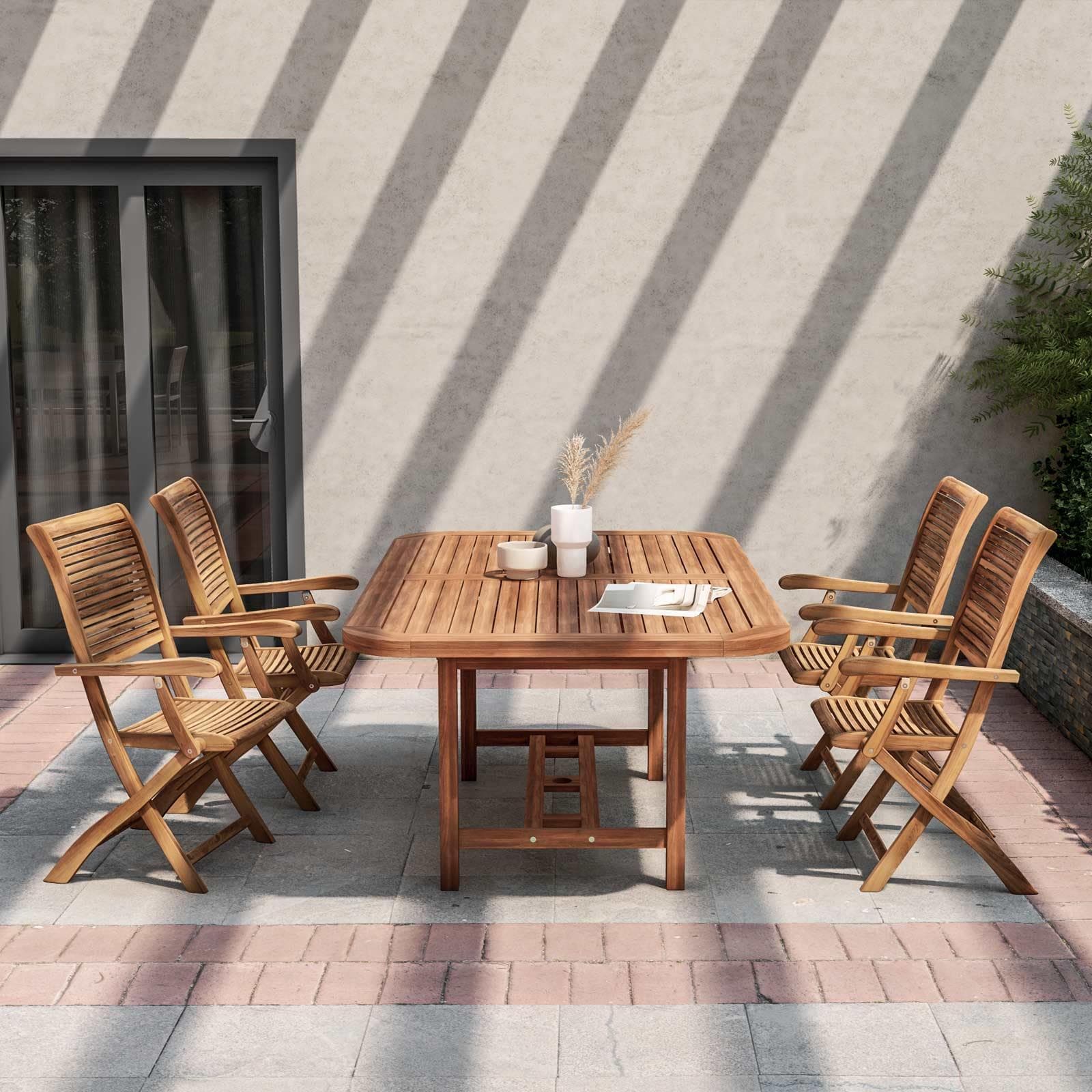 Set pranzo con tavolo allungabile 180/260x110 cm e 4 sedie con braccioli pieghevoli in legno di acacia - Paja