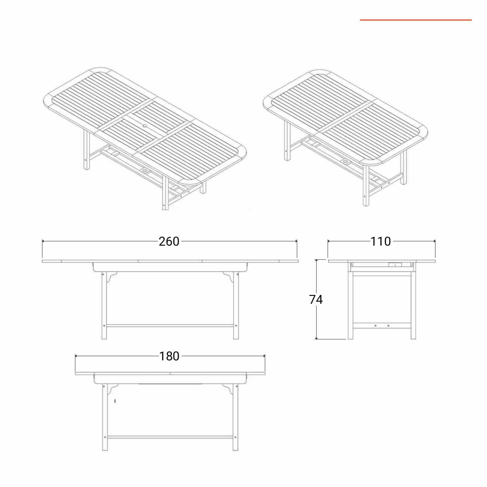 Set pranzo tavolo allungabile 180/260x110 cm con 4 sedie pieghevoli in legno di acacia - Paja