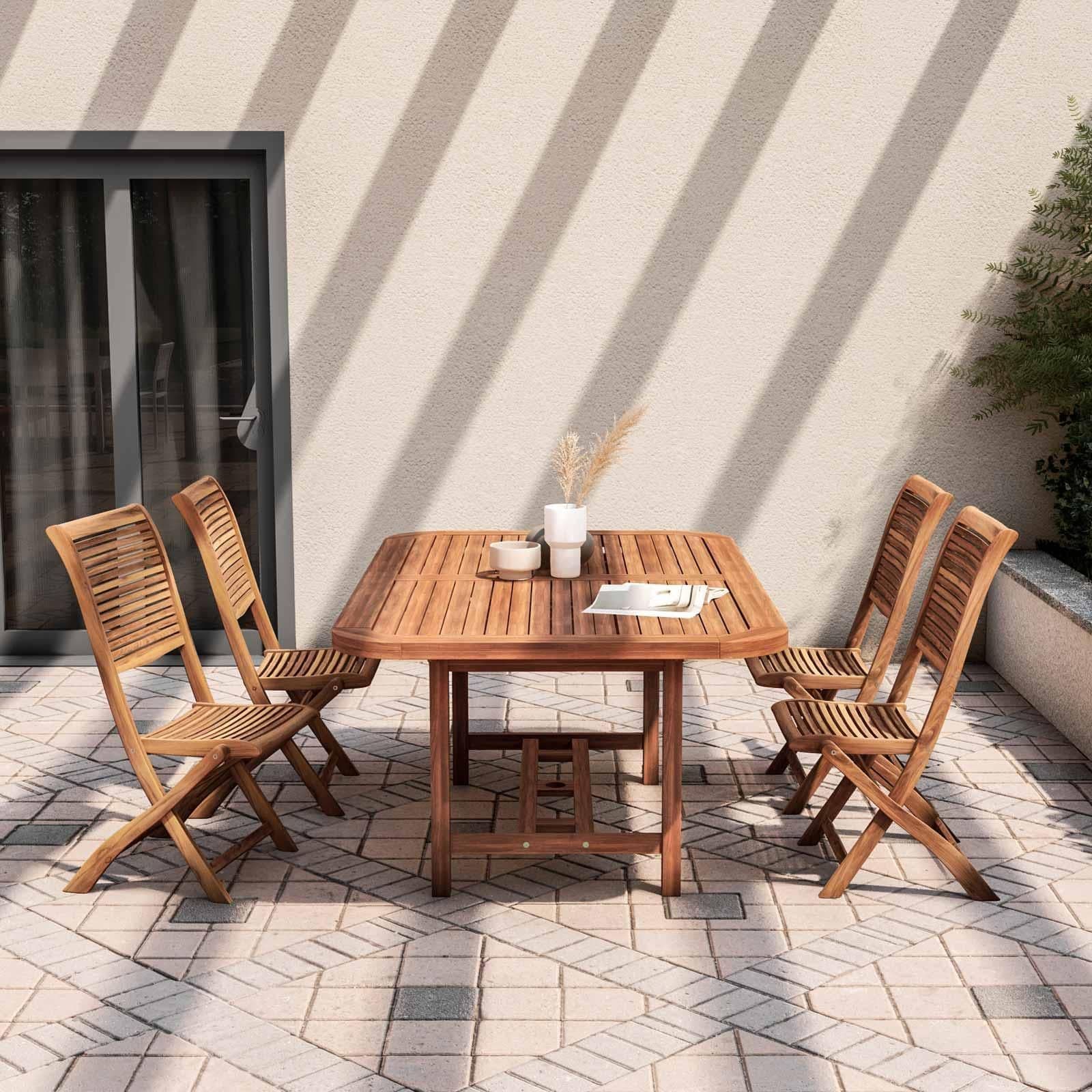 Set pranzo tavolo allungabile 180/260x110 cm con 4 sedie pieghevoli in legno di acacia - Paja