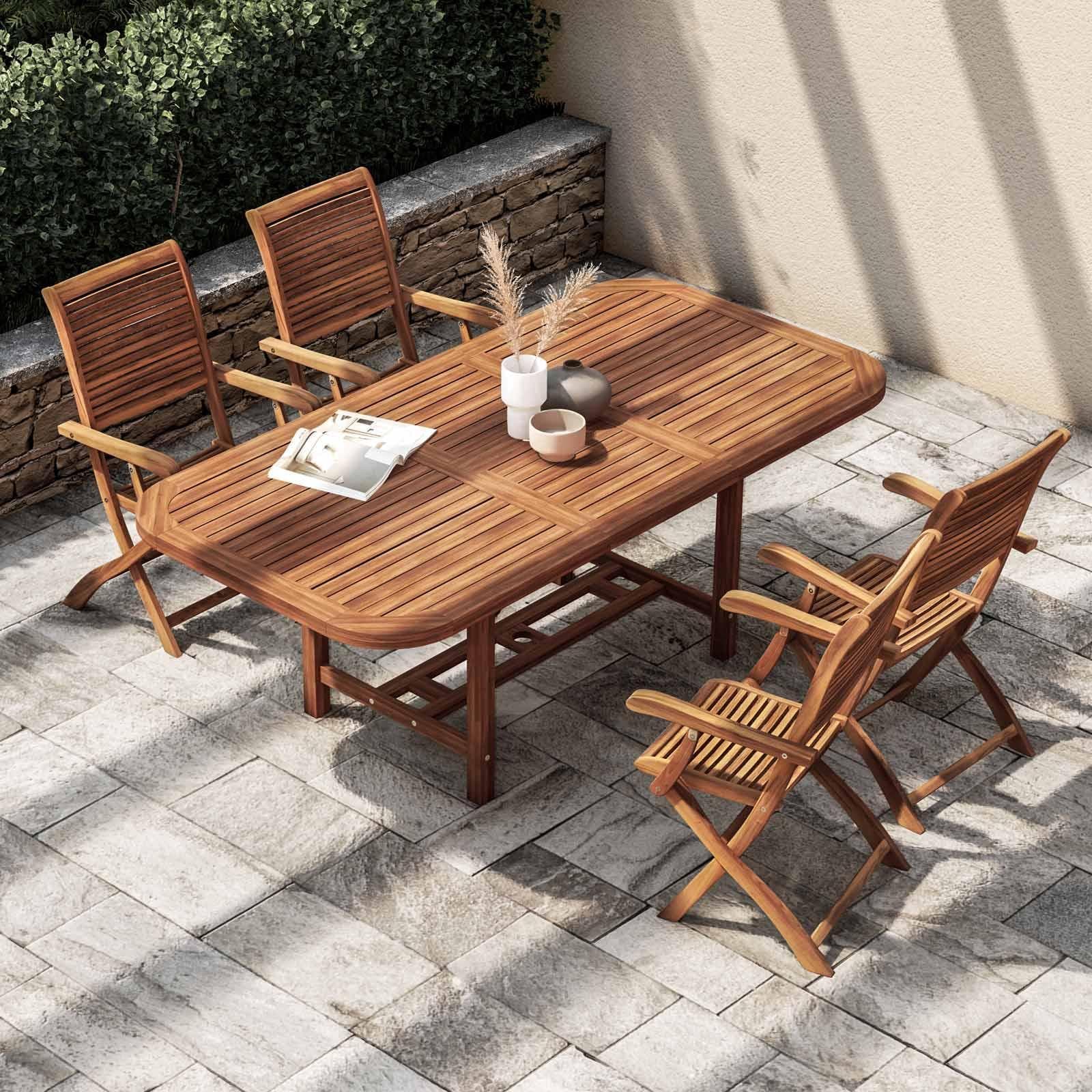 Set pranzo con tavolo allungabile 150/200x100 cm e 4 sedie con braccioli in legno di acacia - Paja