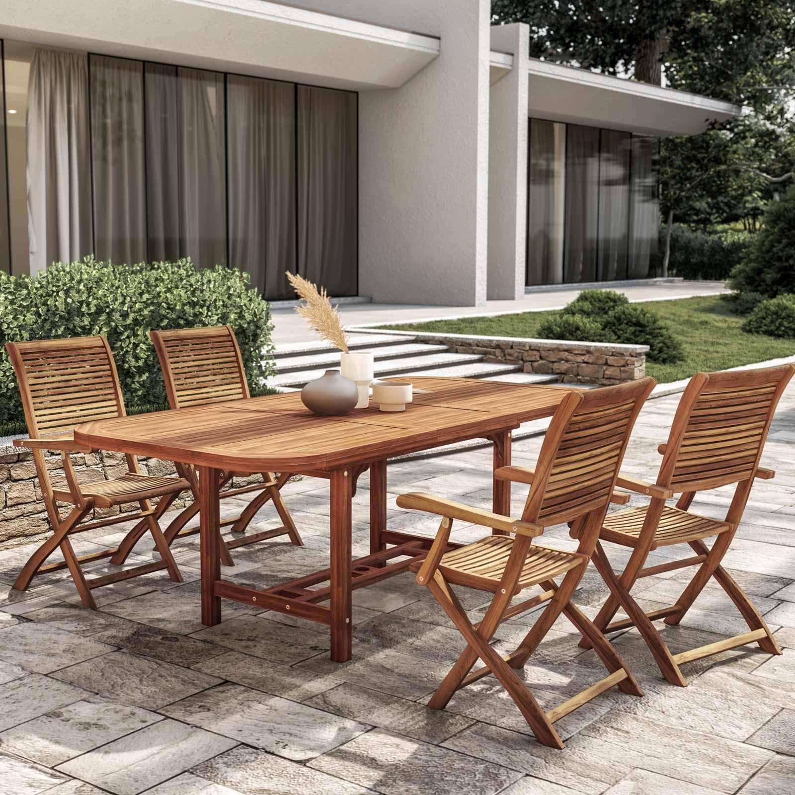 Set pranzo con tavolo allungabile 150/200x100 cm e 4 sedie con braccioli in legno di acacia - Paja