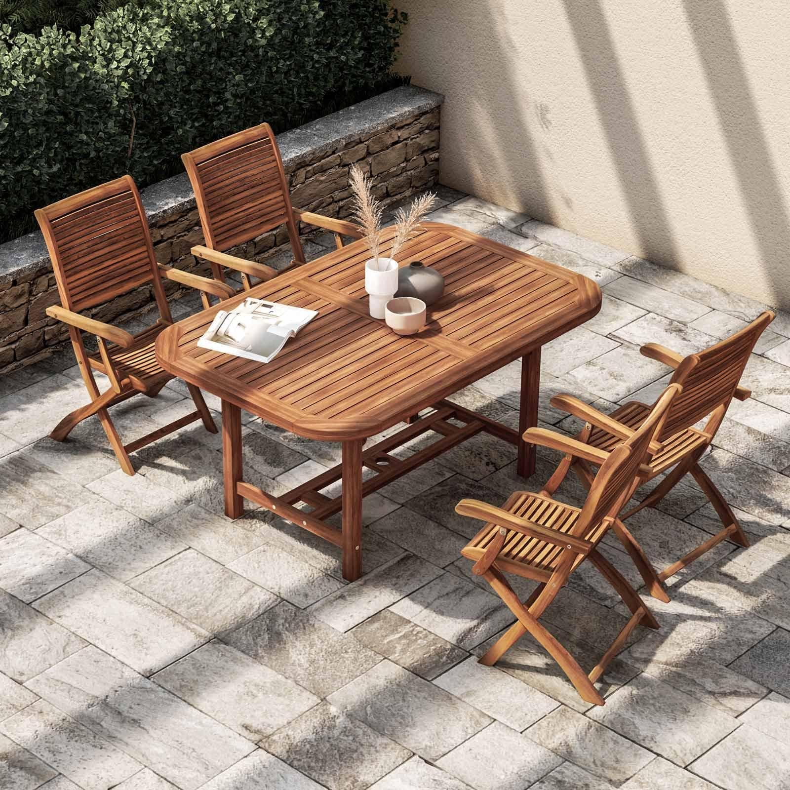 Set pranzo con tavolo allungabile 150/200x100 cm e 4 sedie con braccioli in legno di acacia - Paja