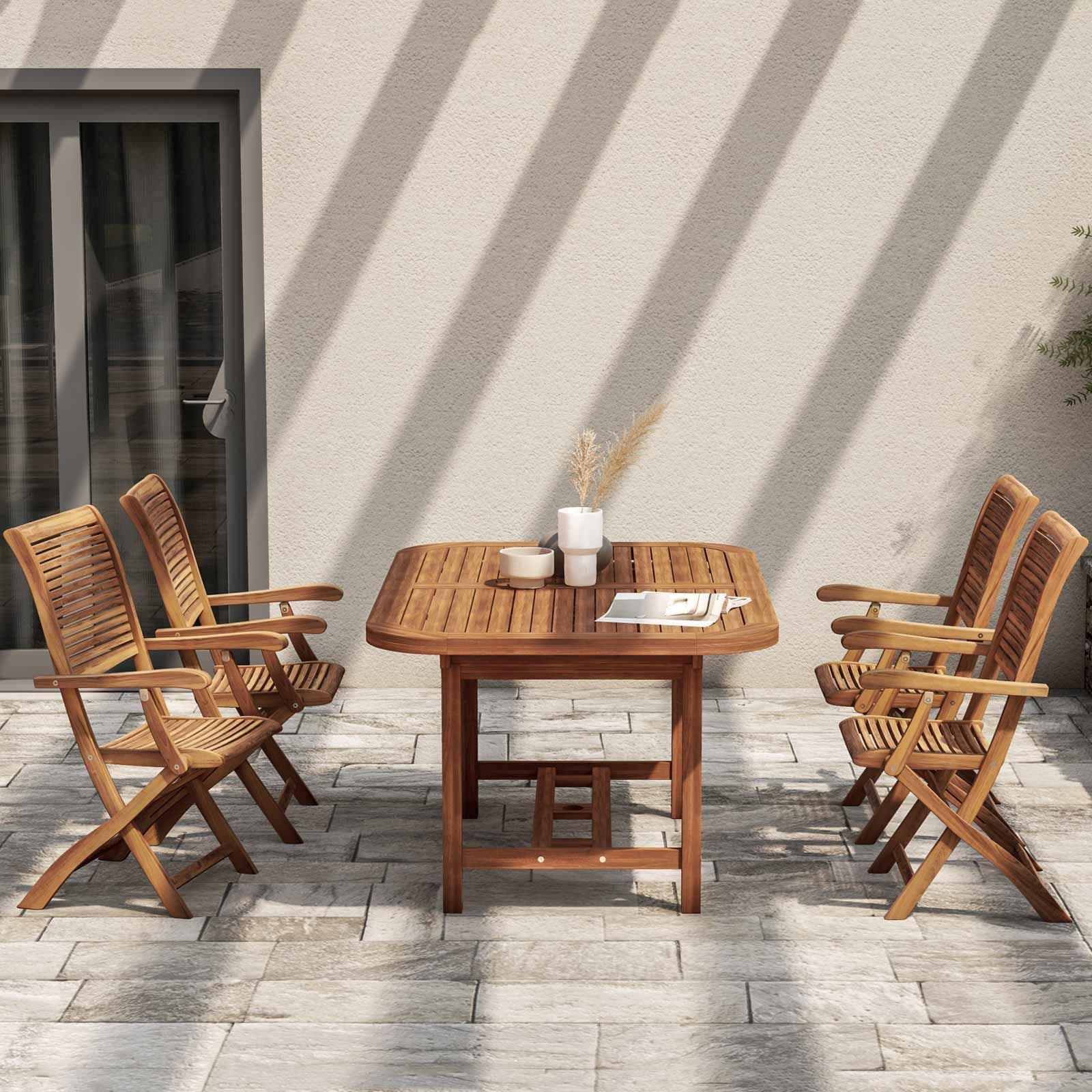 Set pranzo con tavolo allungabile 150/200x100 cm e 4 sedie con braccioli in legno di acacia - Paja
