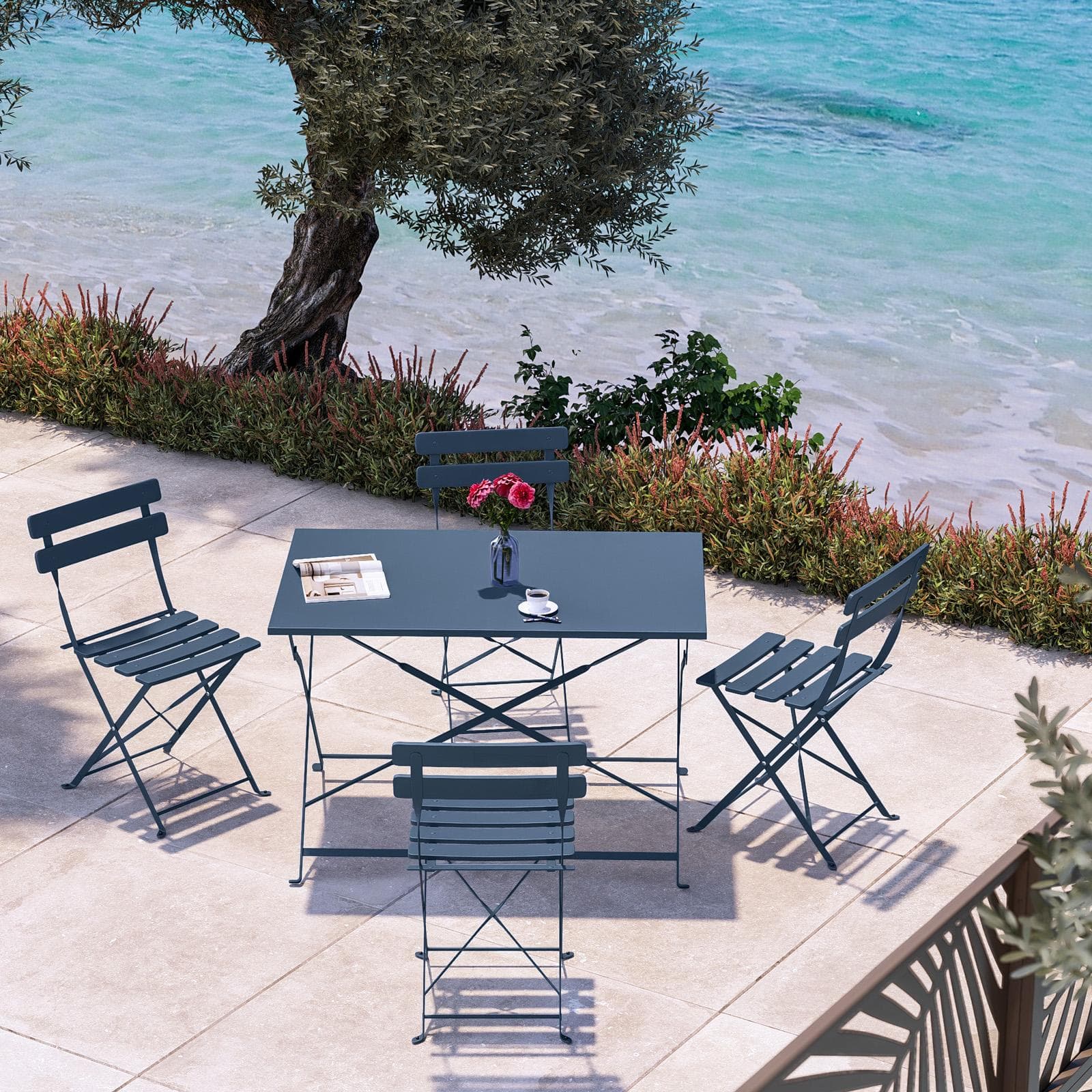 Set pranzo pieghevole tavolo 110x70 cm e 4 sedie in metallo blu ardesia - Atelier