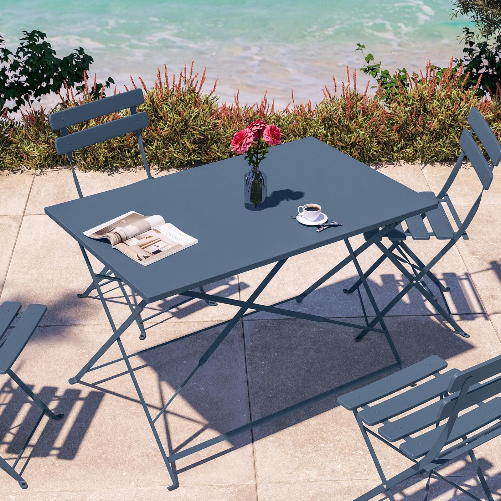 Set pranzo pieghevole tavolo 110x70 cm e 4 sedie in metallo blu ardesia - Atelier