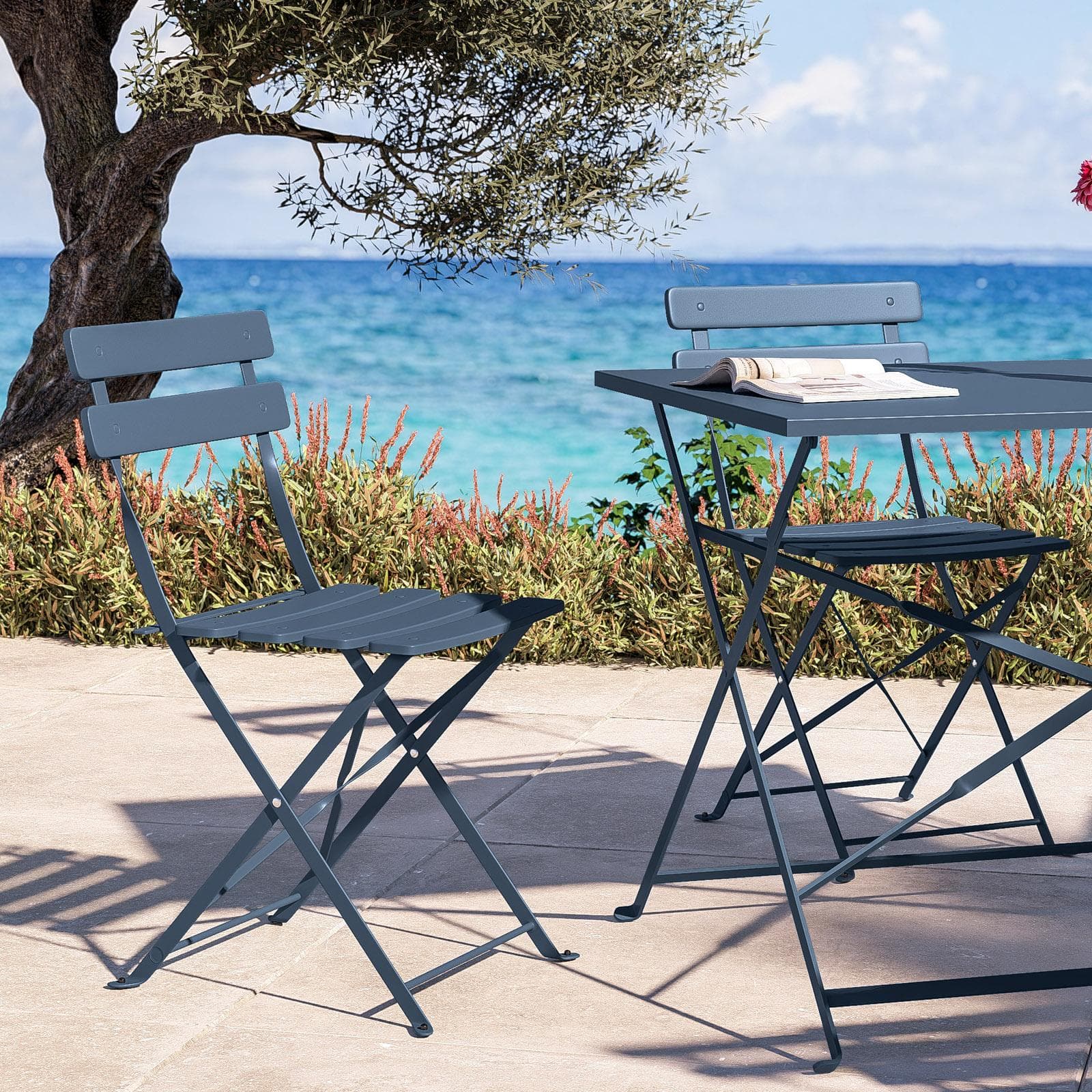 Set pranzo pieghevole tavolo 110x70 cm e 4 sedie in metallo blu ardesia - Atelier