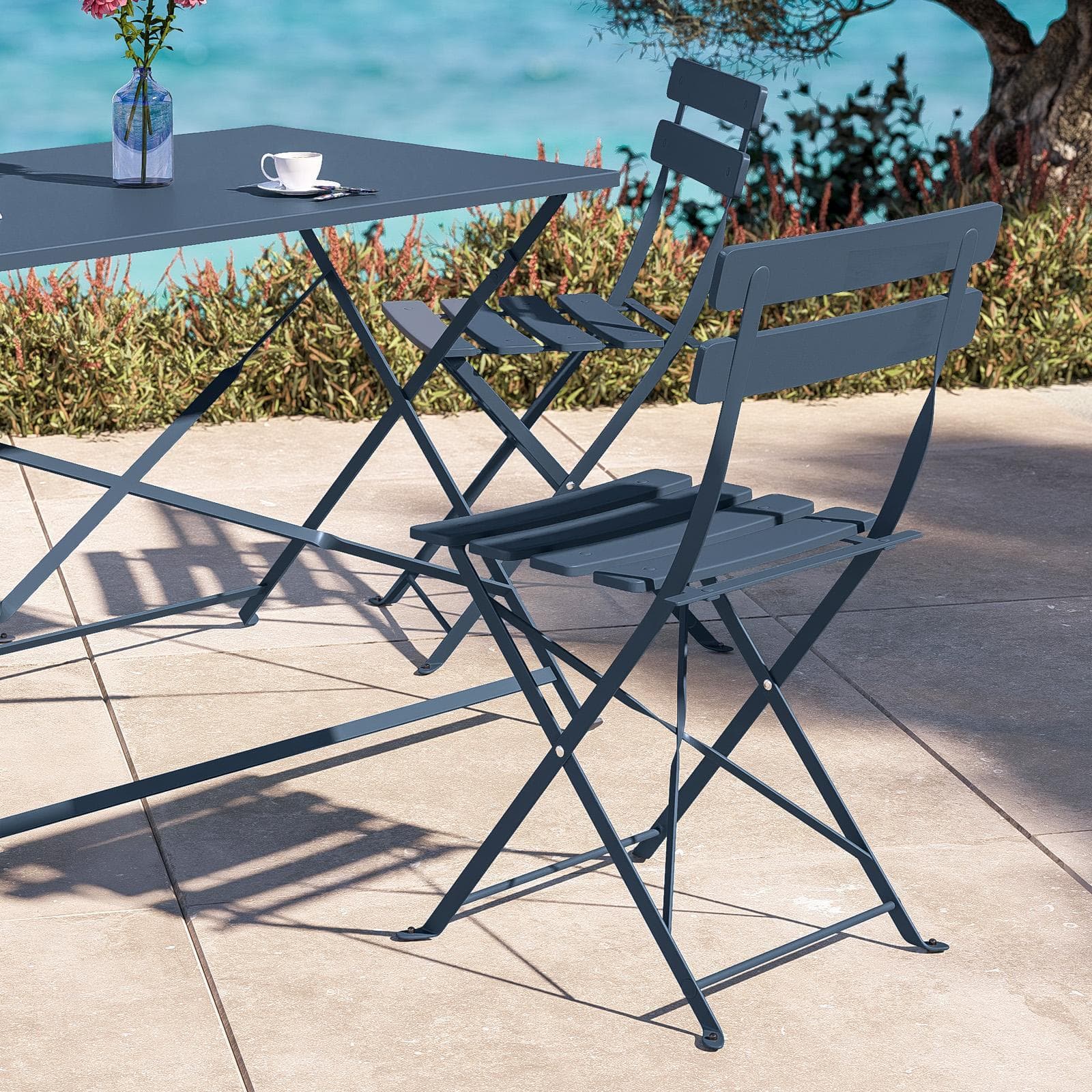 Set pranzo pieghevole tavolo 110x70 cm e 4 sedie in metallo blu ardesia - Atelier