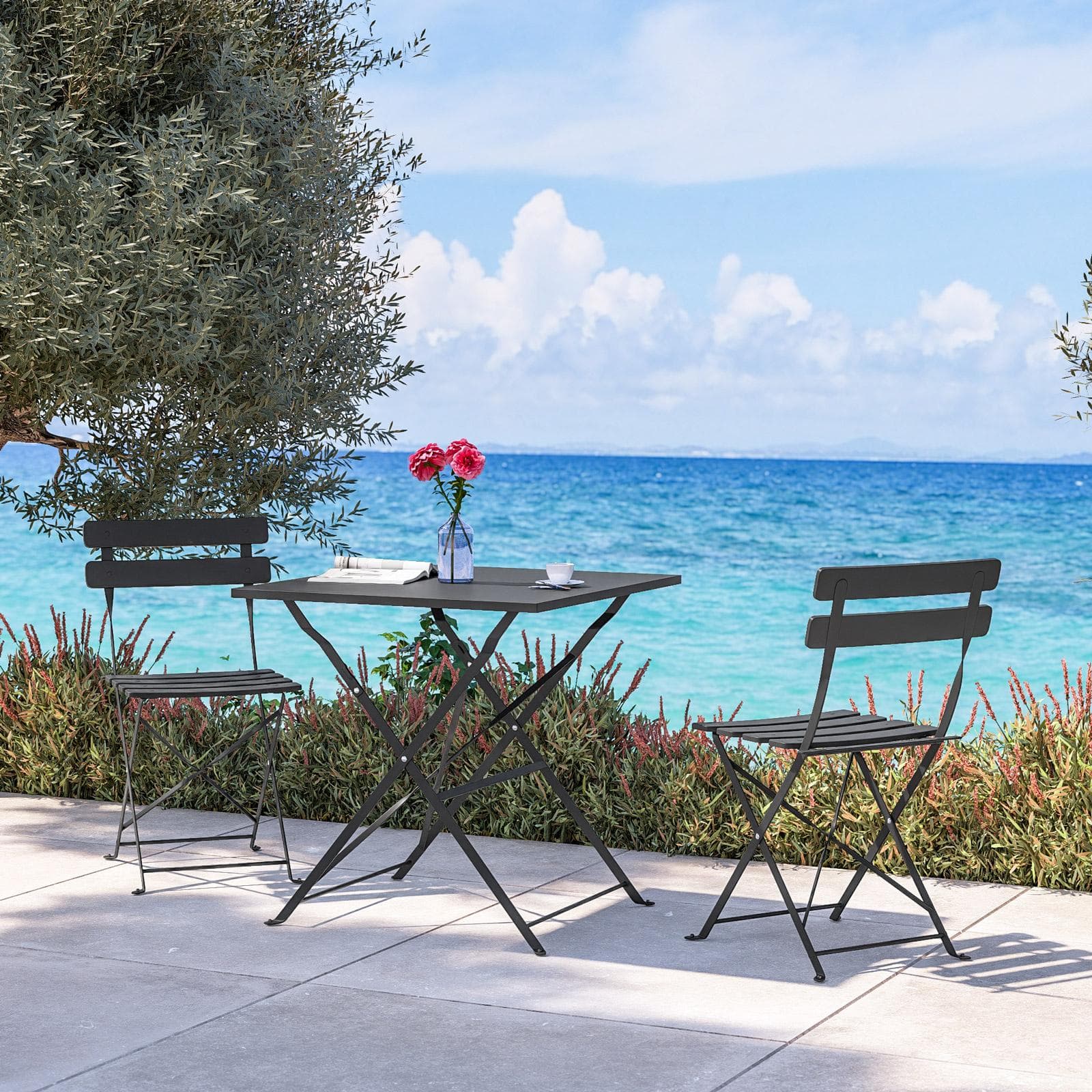 Set pranzo pieghevole con tavolo 70x70 cm e 2 sedie in metallo grafite - Atelier