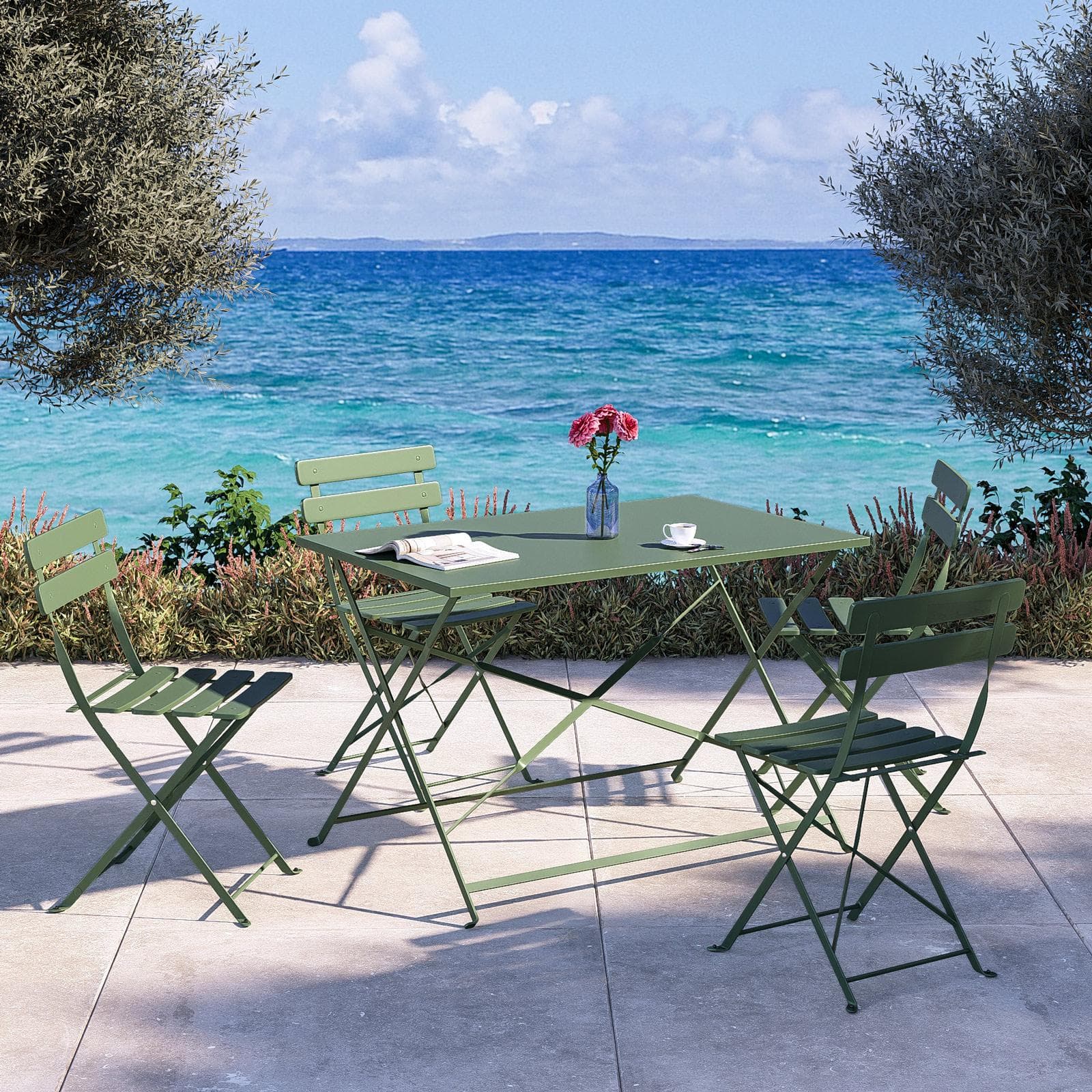 Set pranzo pieghevole tavolo 110x70 cm e 4 sedie in metallo verde salvia - Atelier