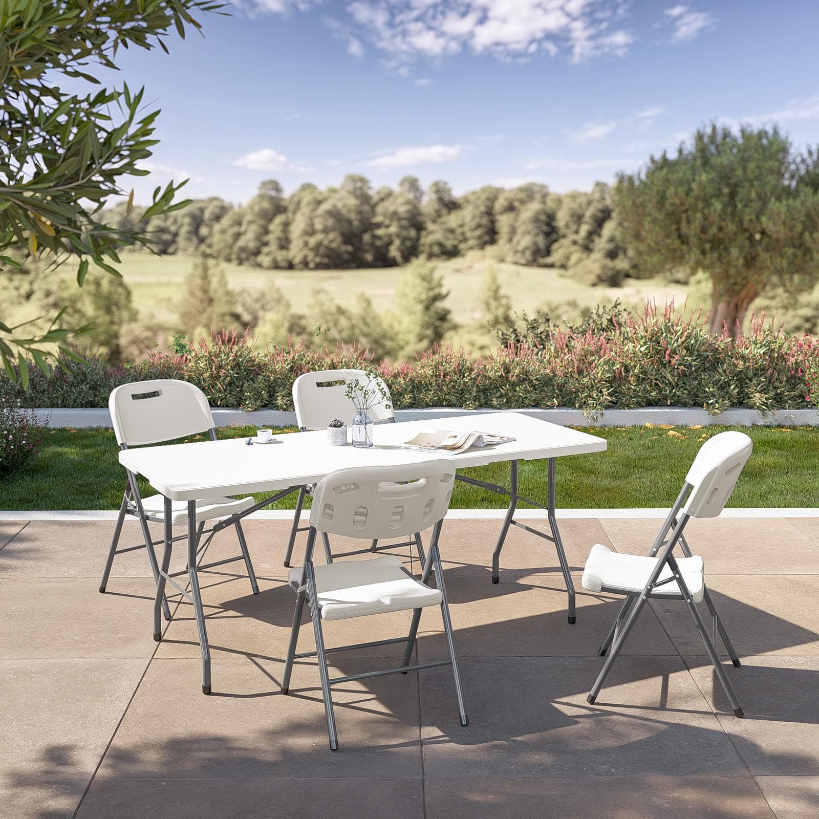 Set tavolo da catering pieghevole 180x75 cm con gambe ad H e 4 sedie in acciaio grigio opaco e resina bianco - Tasfa
