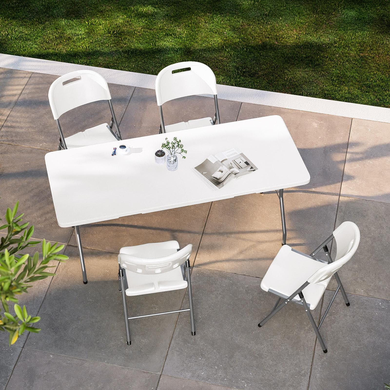 Set tavolo da catering pieghevole 180x75 cm con gambe ad H e 4 sedie in acciaio grigio opaco e resina bianco - Tasfa