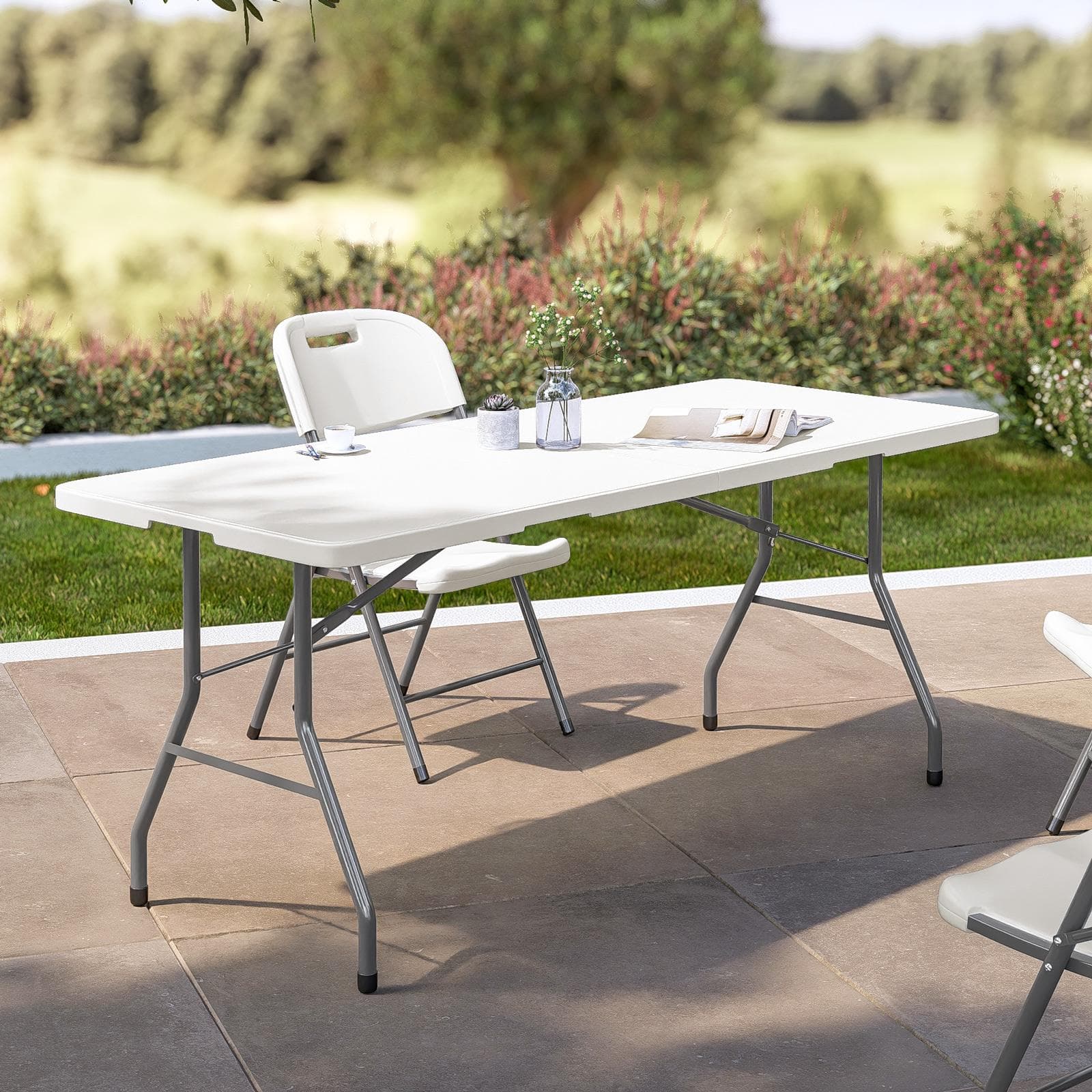 Set tavolo da catering pieghevole 180x75 cm con gambe ad H e 4 sedie in acciaio grigio opaco e resina bianco - Tasfa