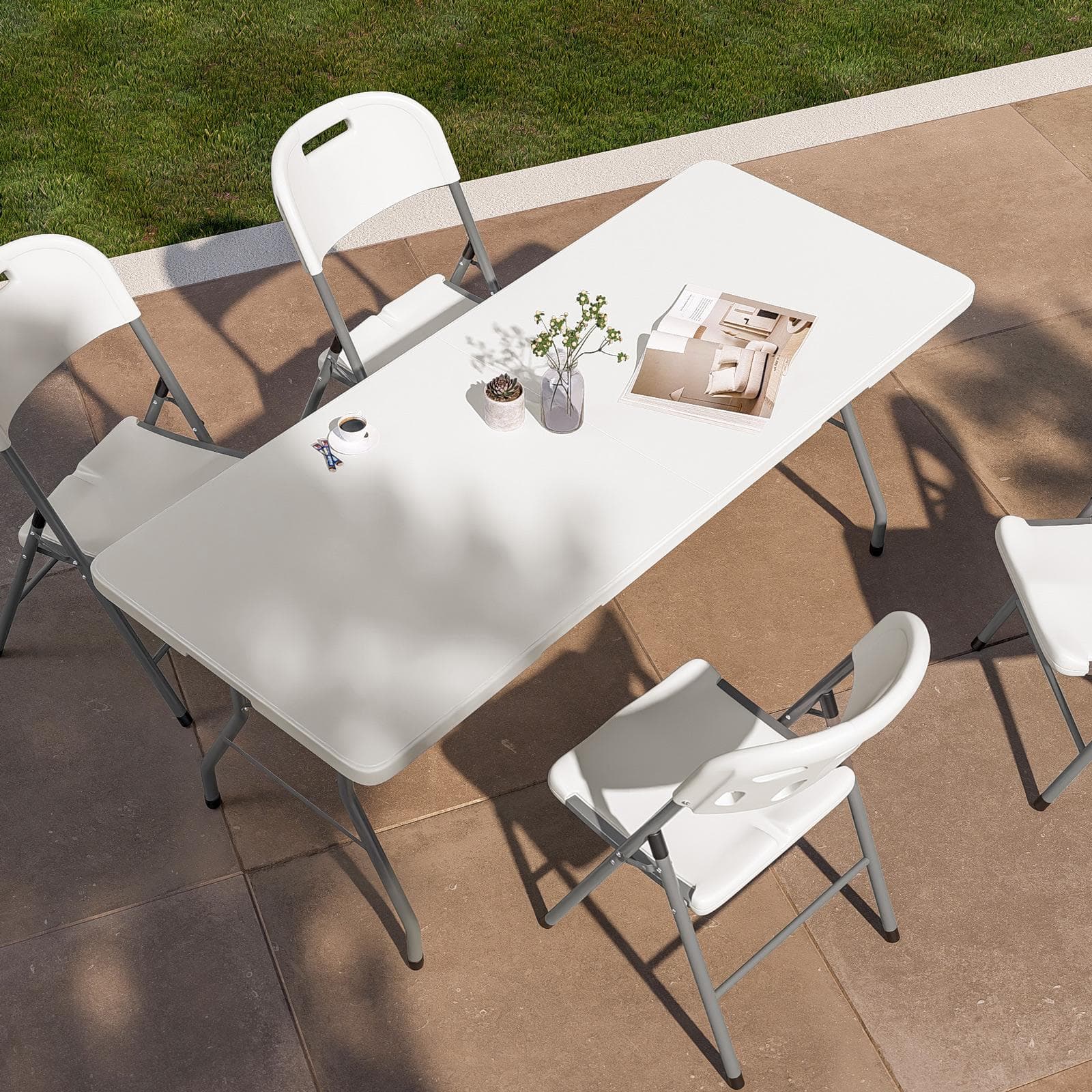Set tavolo da catering pieghevole 180x75 cm con gambe ad H e 4 sedie in acciaio grigio opaco e resina bianco - Tasfa