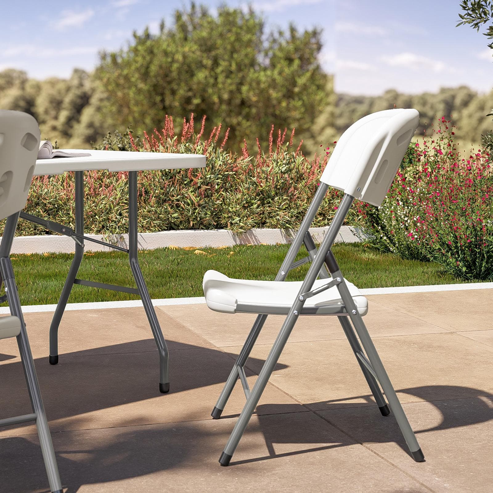 Set tavolo da catering pieghevole 180x75 cm con gambe ad H e 4 sedie in acciaio grigio opaco e resina bianco - Tasfa