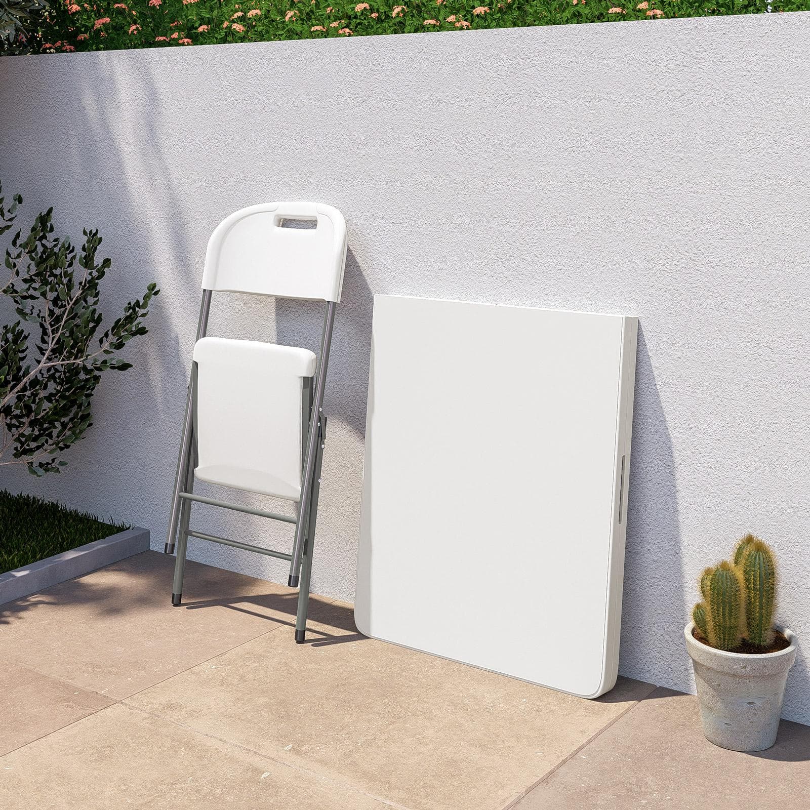 Set tavolo da catering pieghevole 180x75 cm con gambe ad H e 4 sedie in acciaio grigio opaco e resina bianco - Tasfa
