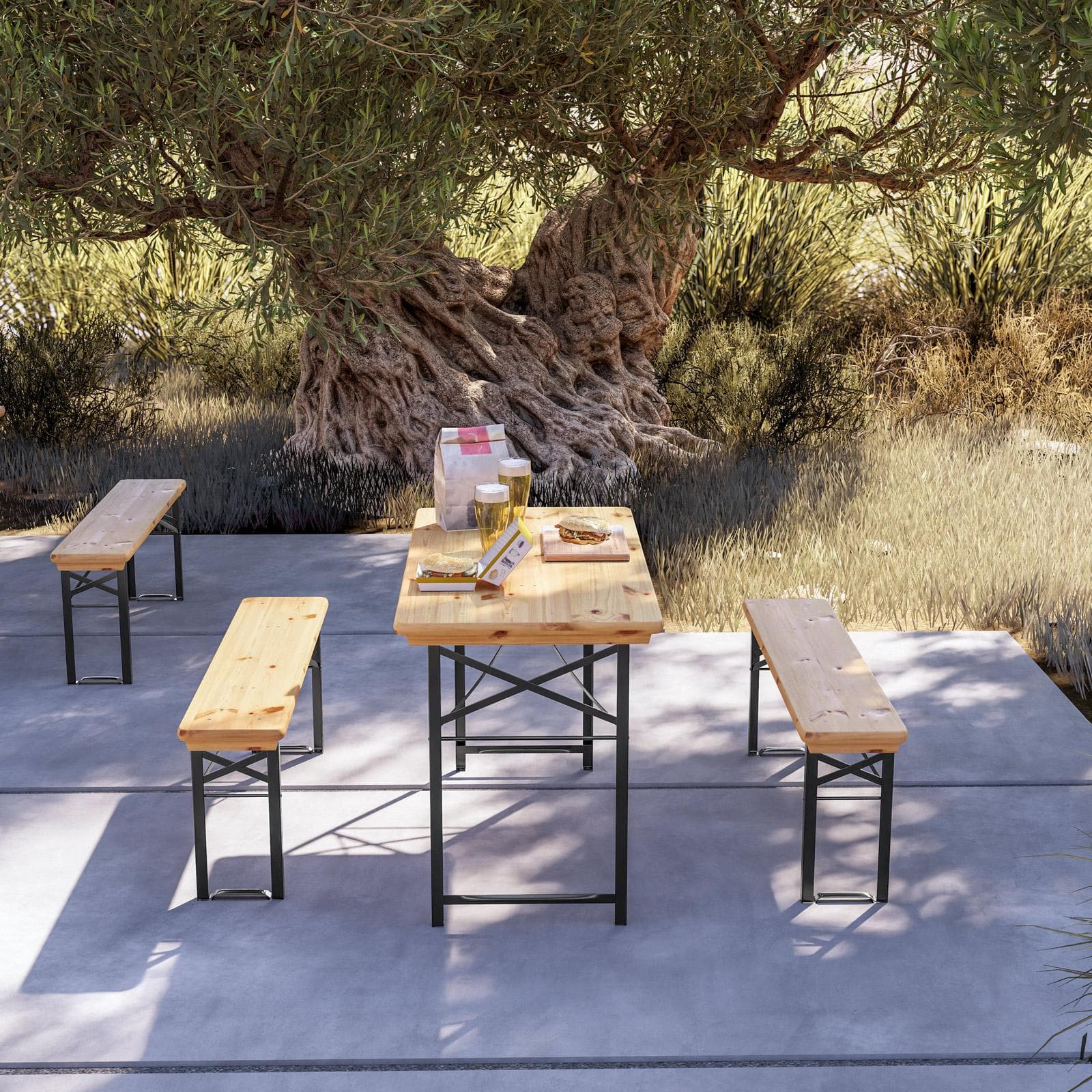 Set pranzo stile birreria con tavolo 120x60 cm e due panche in acciaio nero e legno - Noize