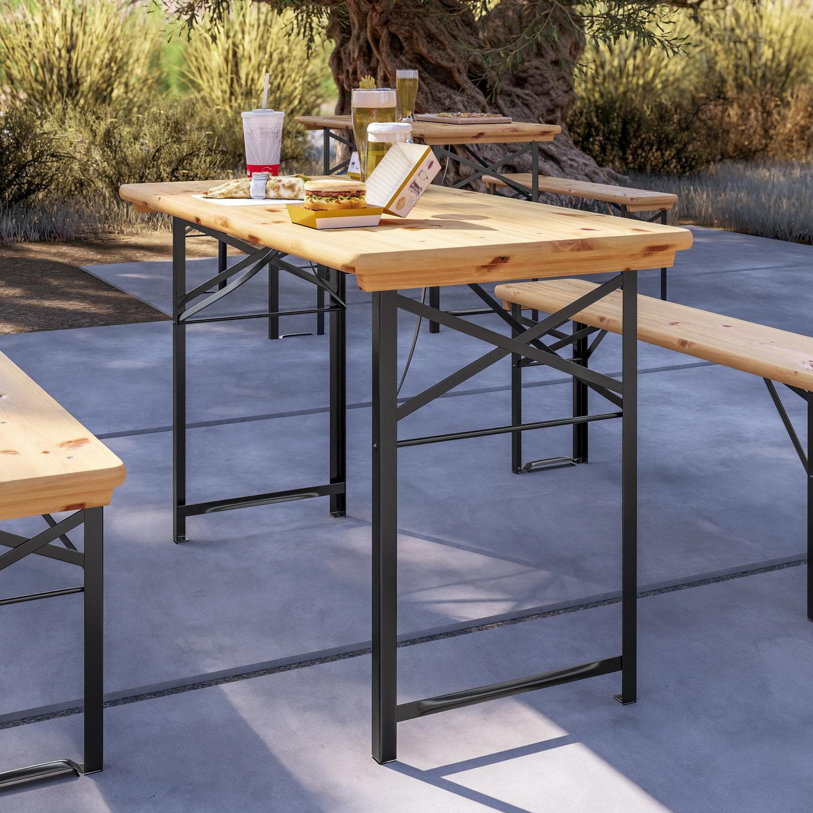 Set pranzo stile birreria con tavolo 120x60 cm e due panche in acciaio nero e legno - Noize