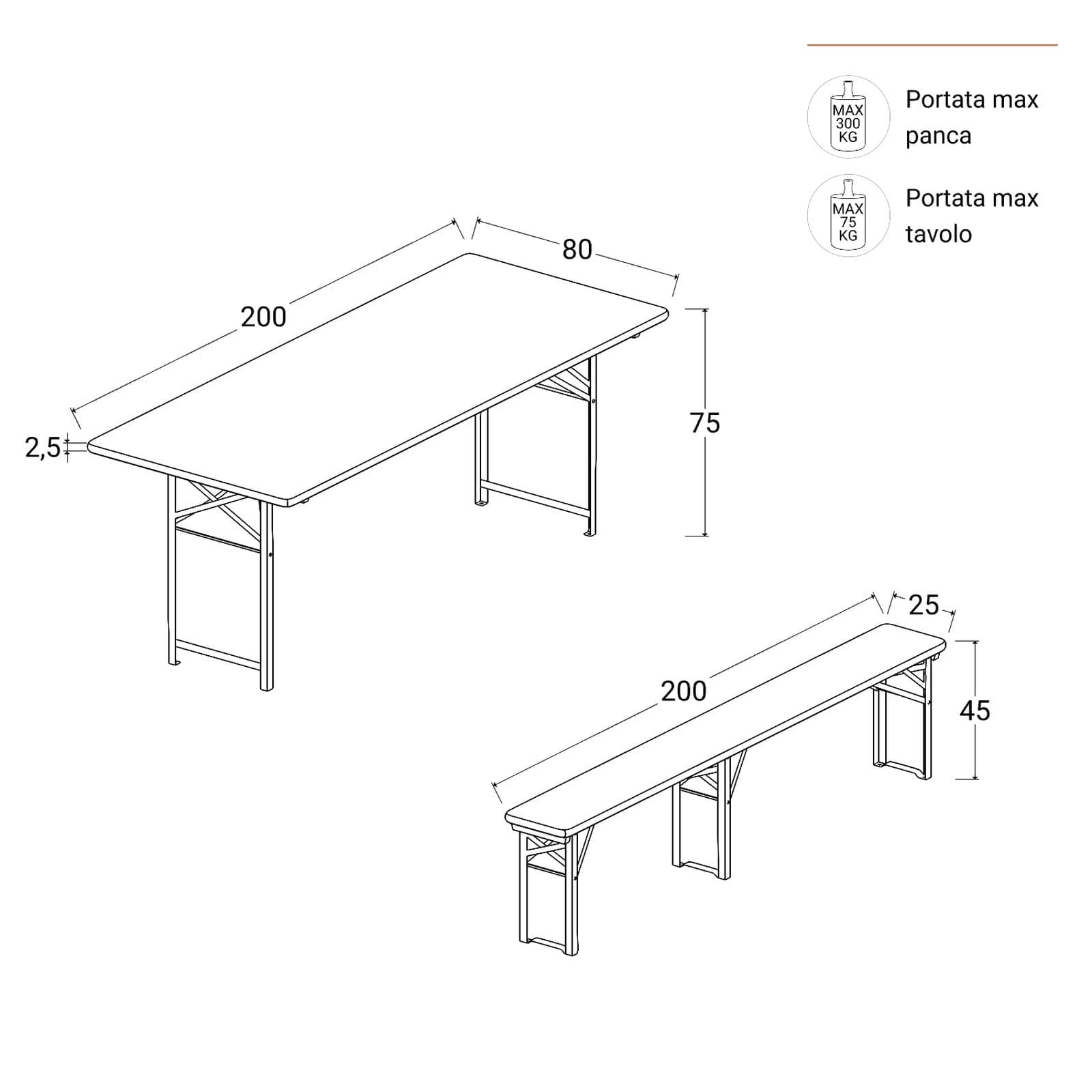 Set pranzo stile birreria tavolo 200x80 cm e 2 panche in acciaio nero e legno - Noize