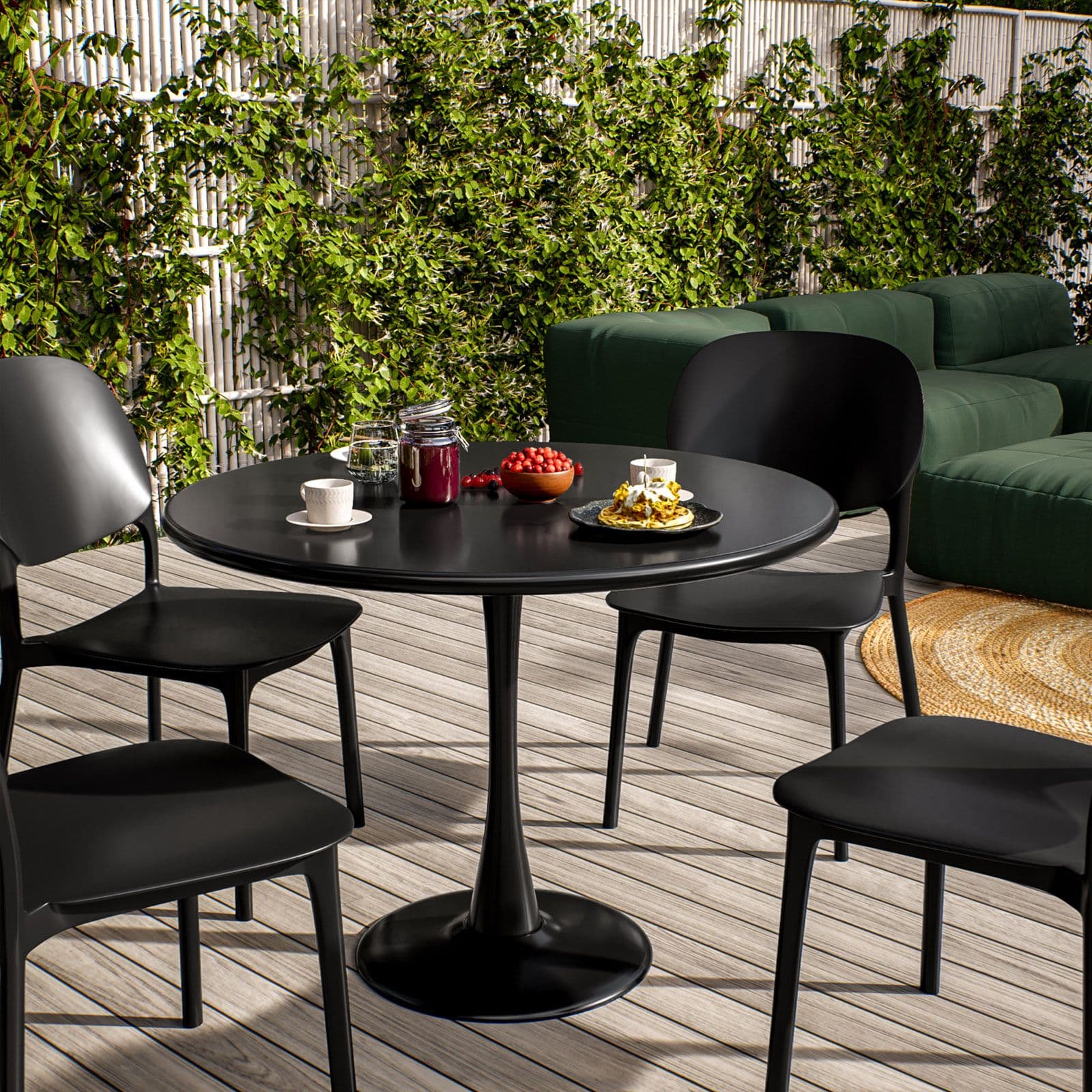 Set pranzo tavolo rotondo 100 cm e 4 sedie impilabili in polipropilene nero - Tulipano