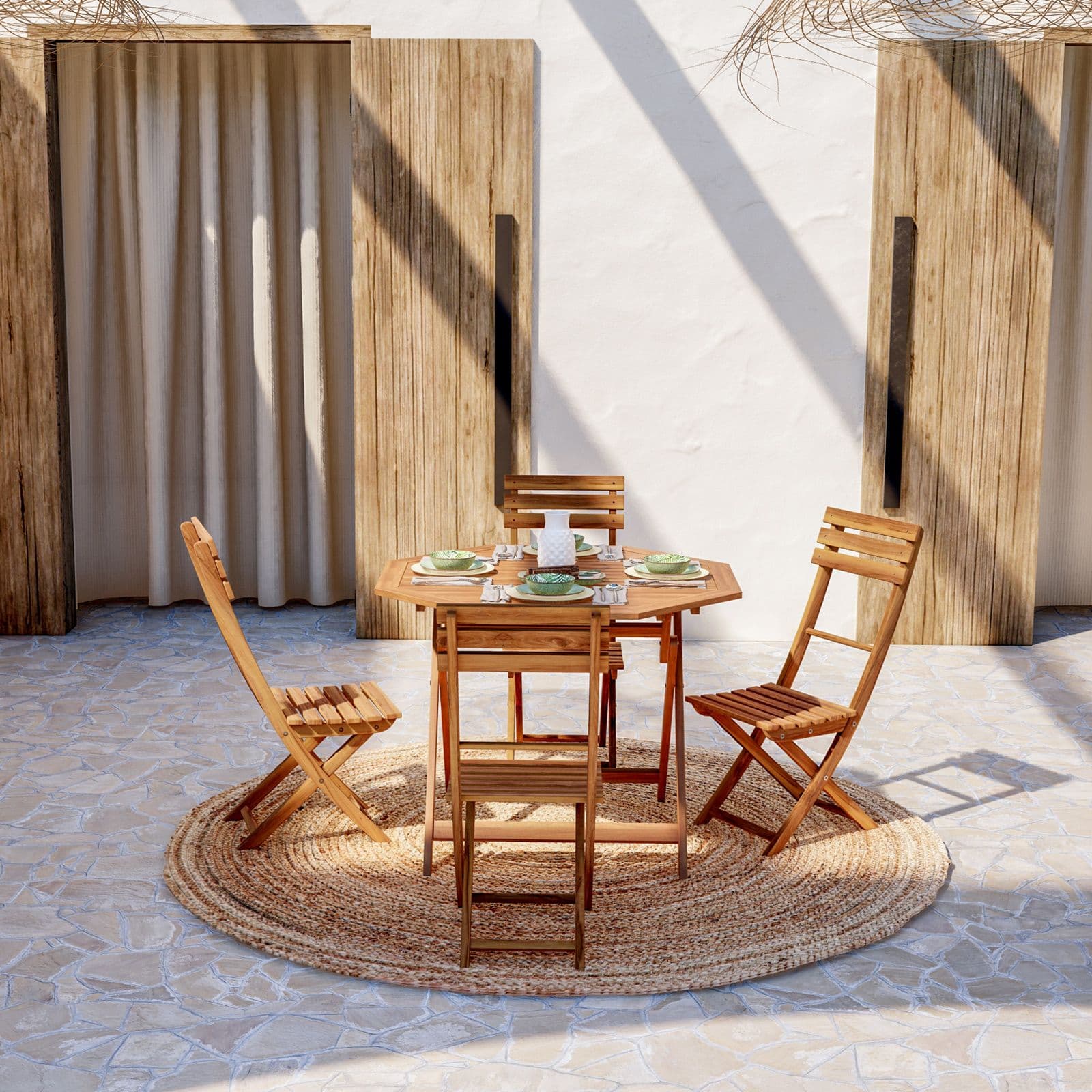 Set pranzo con tavolo rotondo 100 cm e 4 sedie pieghevoli in legno di acacia - Paja