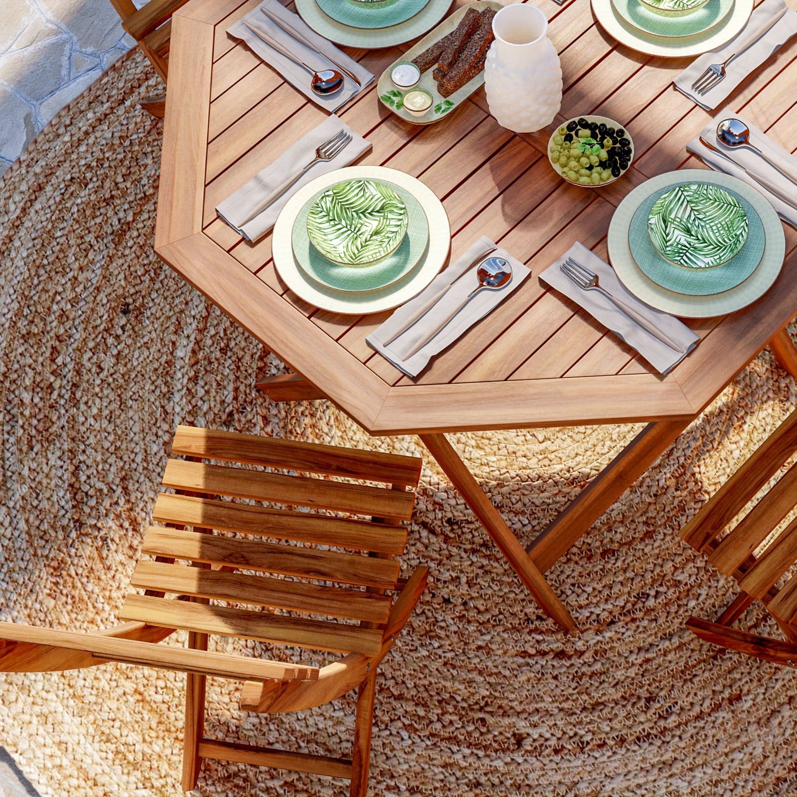 Set pranzo con tavolo rotondo 100 cm e 4 sedie pieghevoli in legno di acacia - Paja