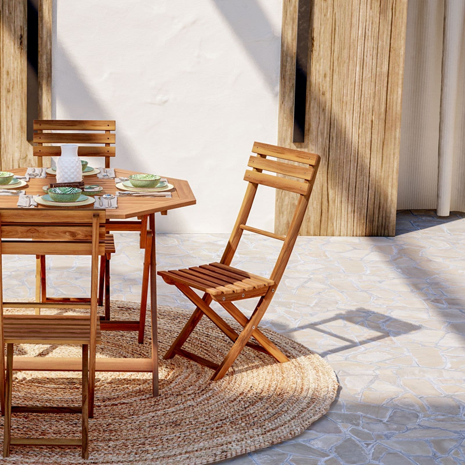 Set pranzo con tavolo rotondo 100 cm e 4 sedie pieghevoli in legno di acacia - Paja