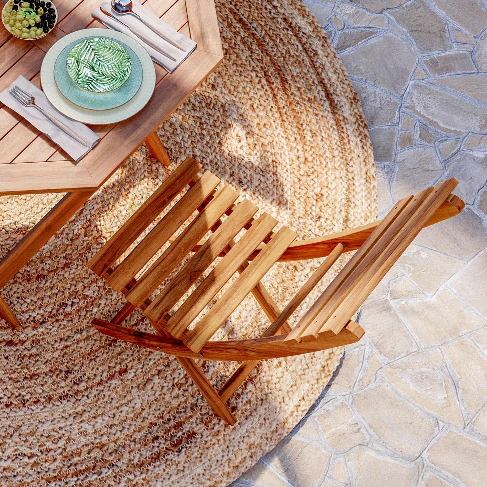 Set pranzo con tavolo rotondo 100 cm e 4 sedie pieghevoli in legno di acacia - Paja