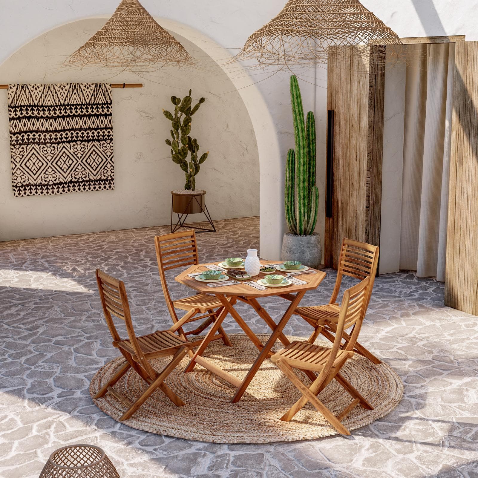 Set pranzo tavolo rotondo 100 cm con 4 sedie pieghevoli in legno di acacia - Paja