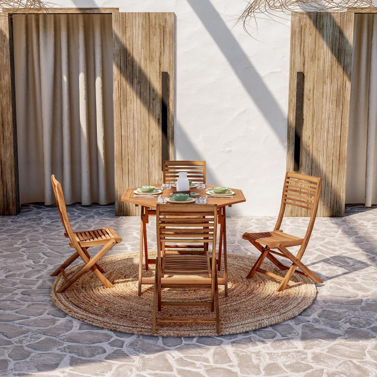 Set pranzo tavolo rotondo 100 cm con 4 sedie pieghevoli in legno di acacia - Paja