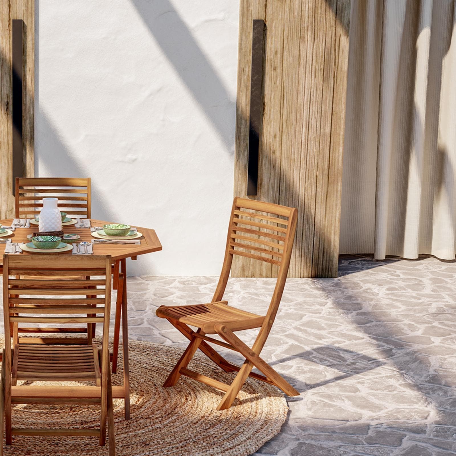 Set pranzo tavolo rotondo 100 cm con 4 sedie pieghevoli in legno di acacia - Paja