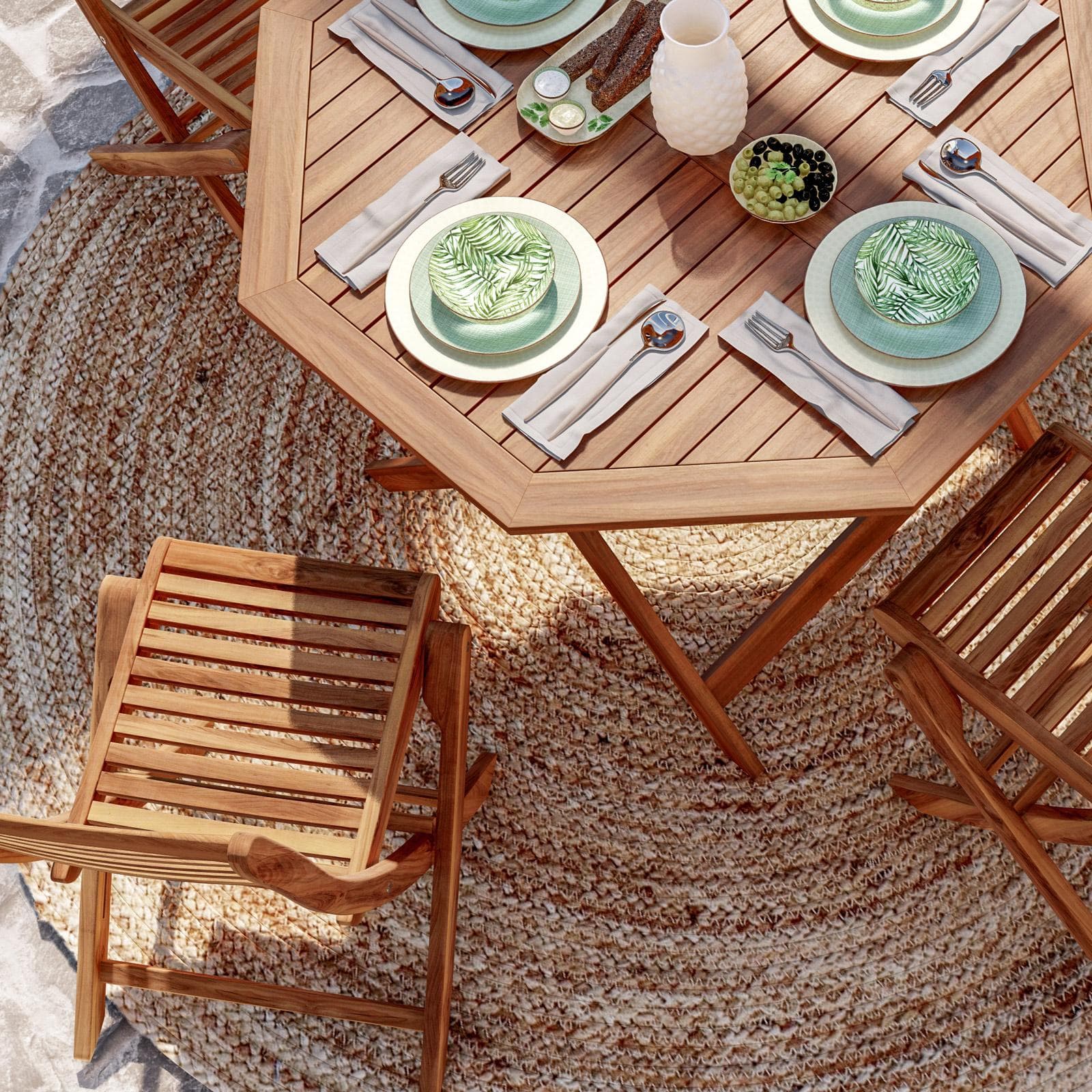 Set pranzo tavolo rotondo 100 cm con 4 sedie pieghevoli in legno di acacia - Paja