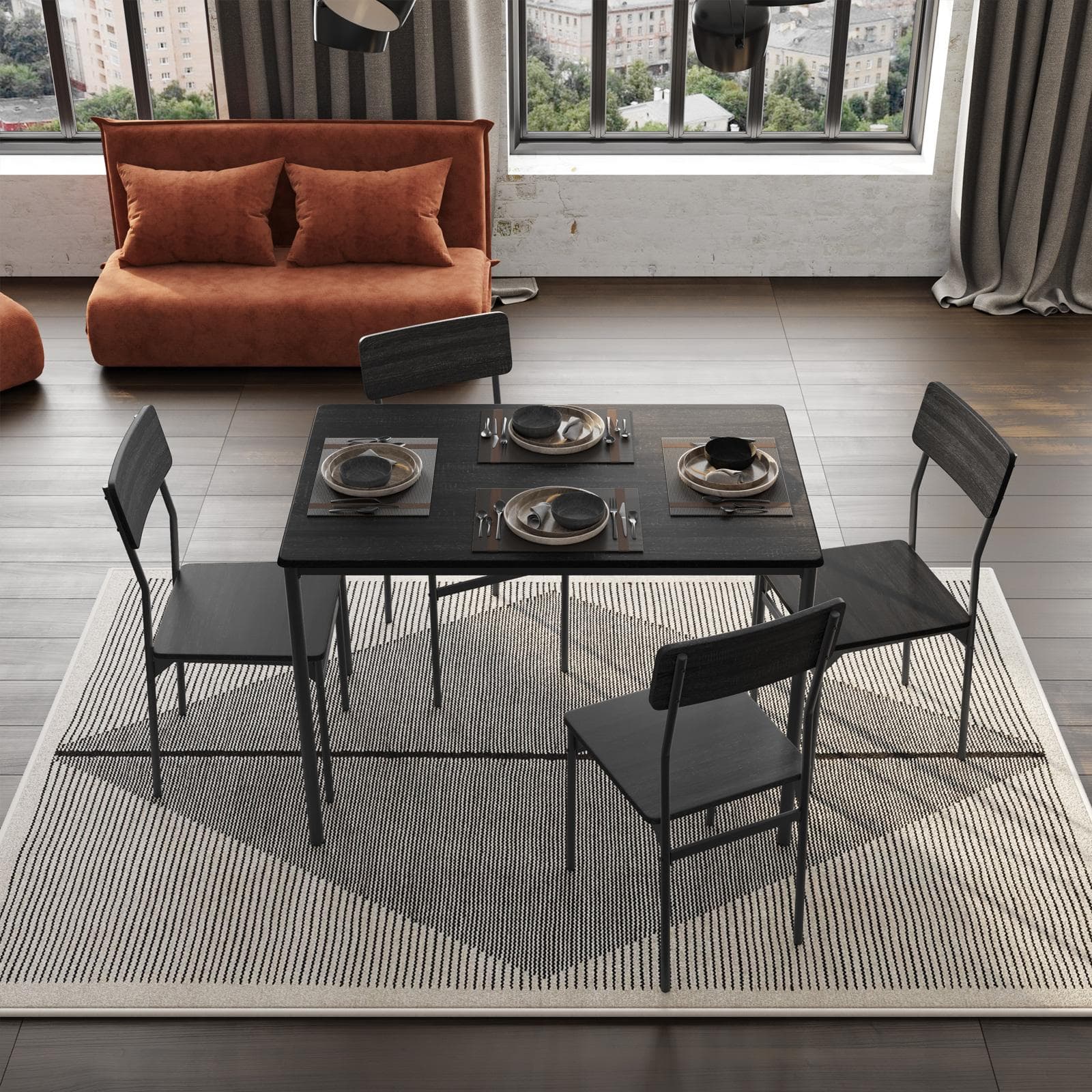 Set pranzo tavolo 110x70 con top effetto rovere nero e struttura in acciaio con 4 sedie - Sacha