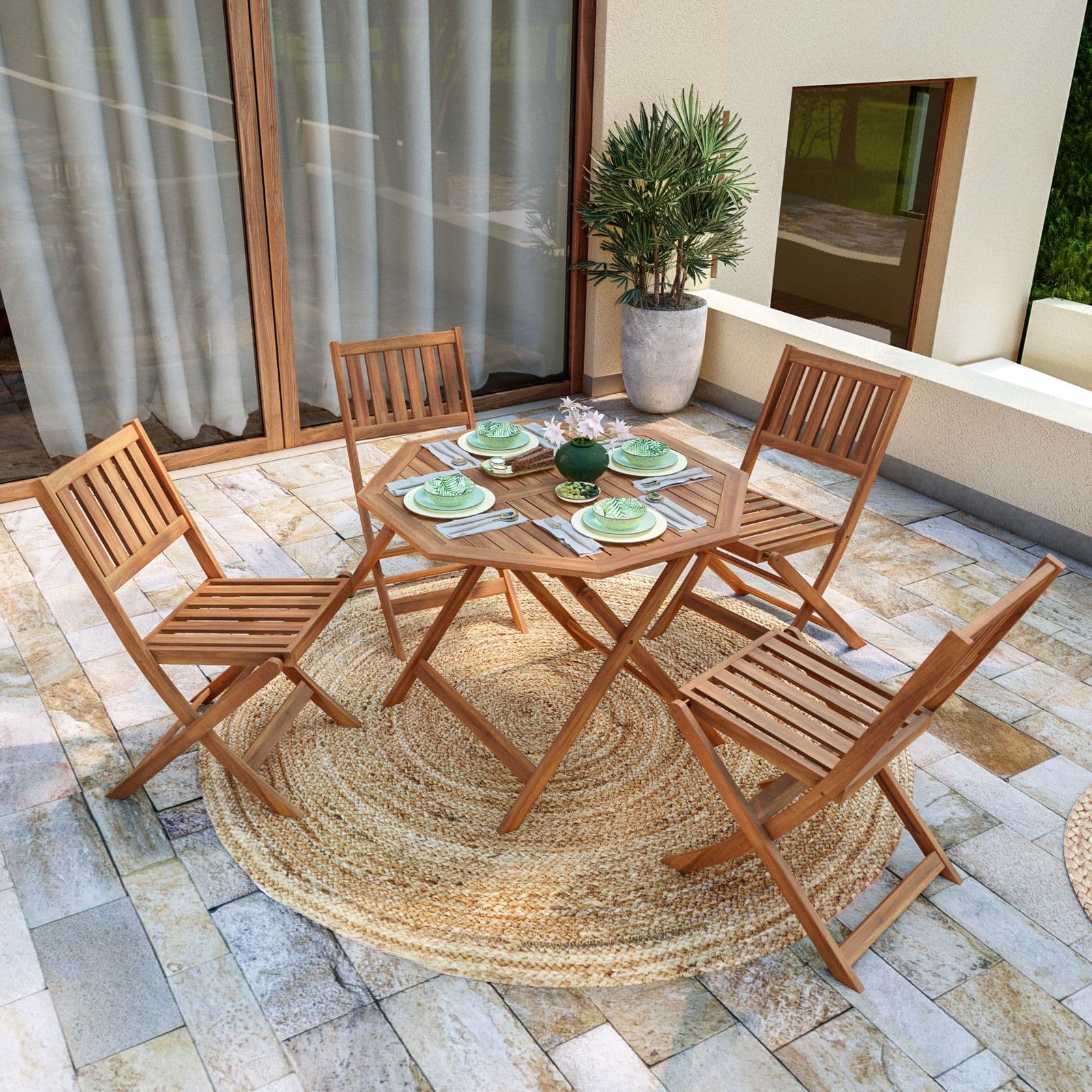 Set pranzo tavolo rotondo 100 cm e 4 sedie pieghevoli in legno di acacia - Paja