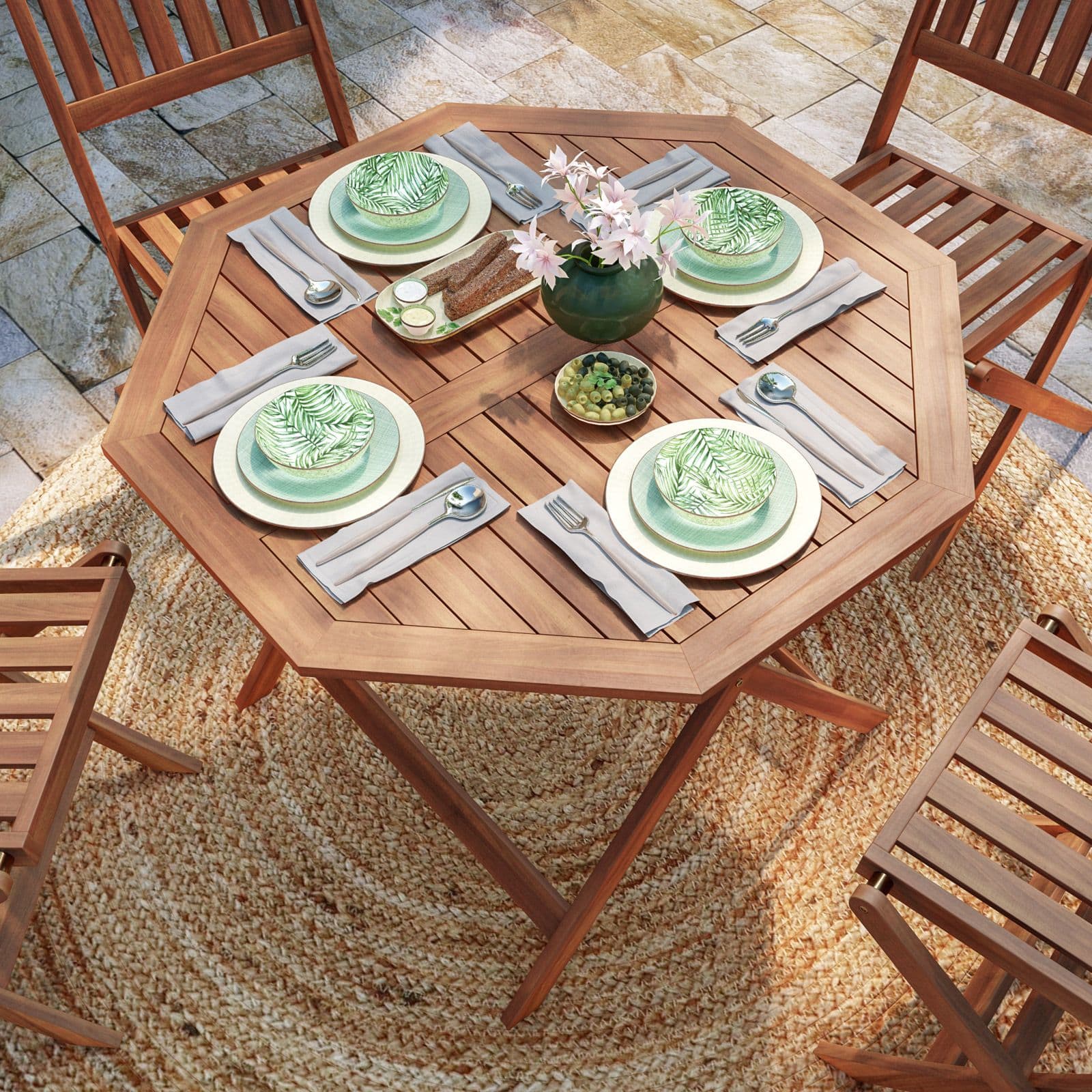 Set pranzo tavolo rotondo 100 cm e 4 sedie pieghevoli in legno di acacia - Paja